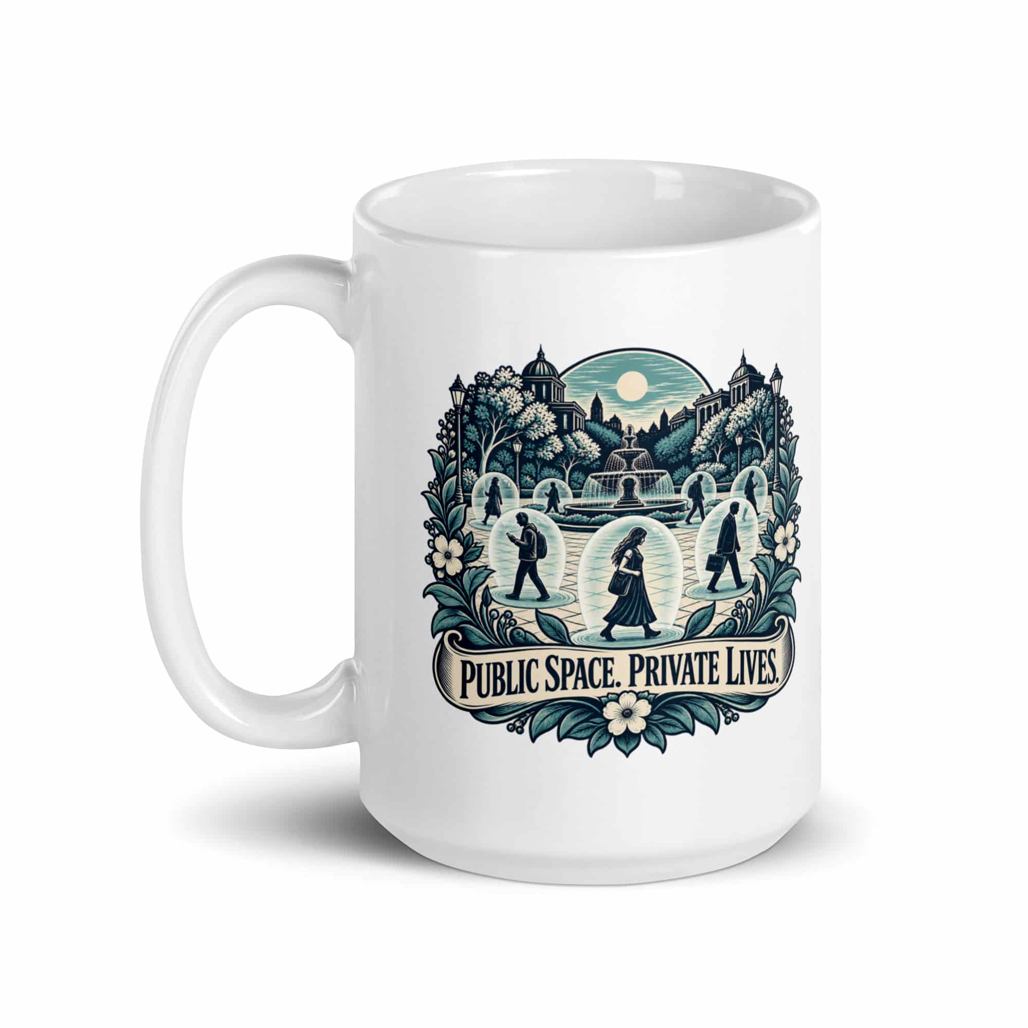 White Ceramic Coffee Mug: Public space. Private lives.