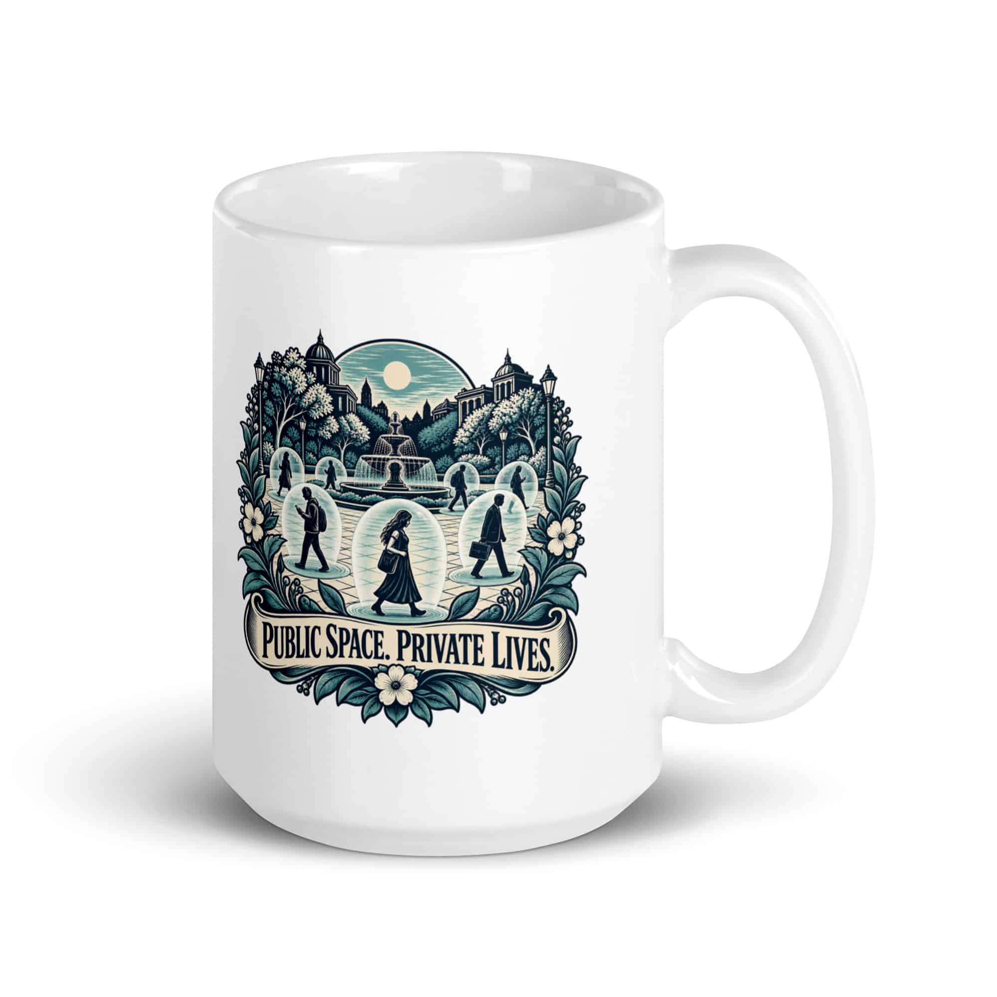 White Ceramic Coffee Mug: Public space. Private lives.