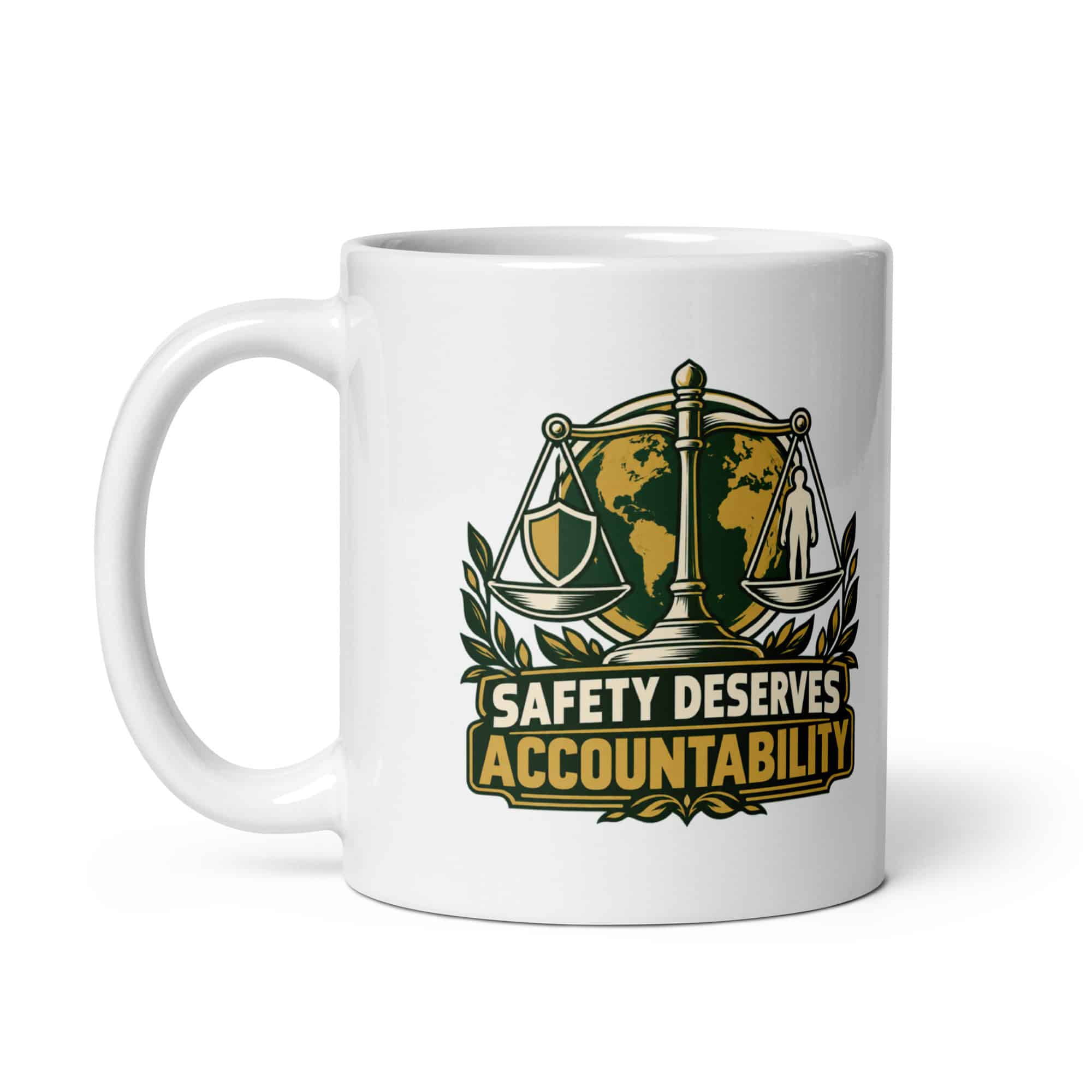 White Ceramic Coffee Mug: Safety deserves accountability