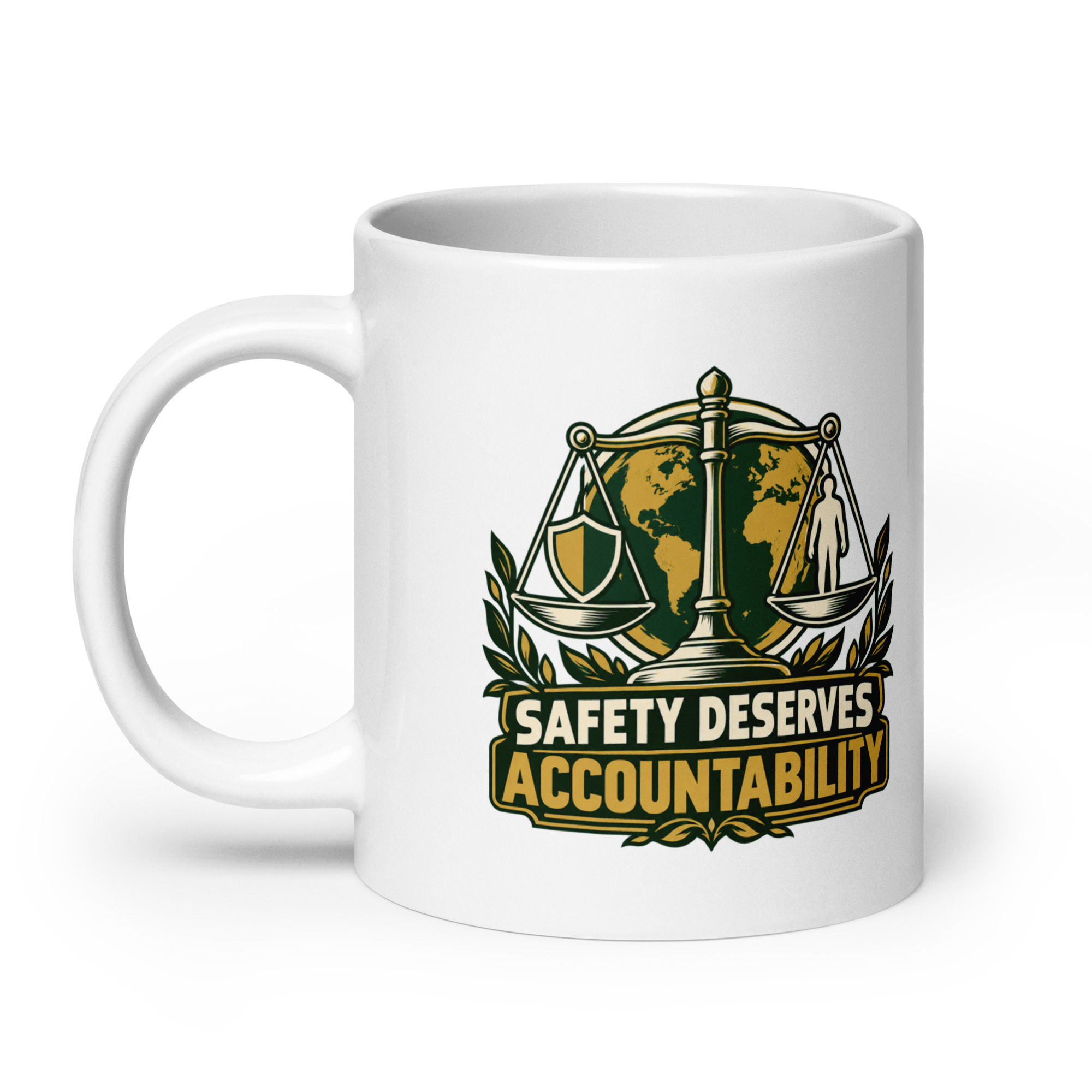 White Ceramic Coffee Mug: Safety deserves accountability