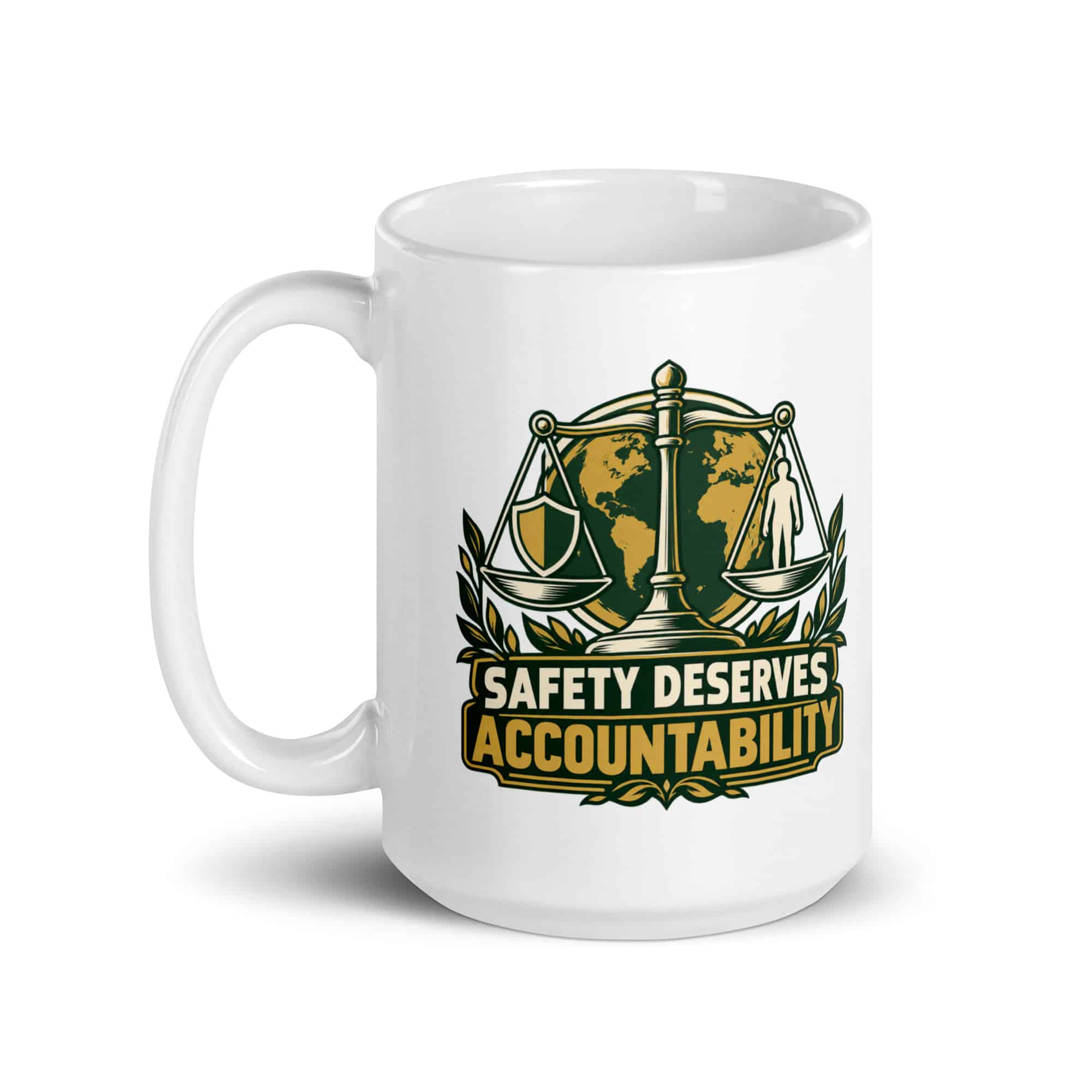White Ceramic Coffee Mug: Safety deserves accountability