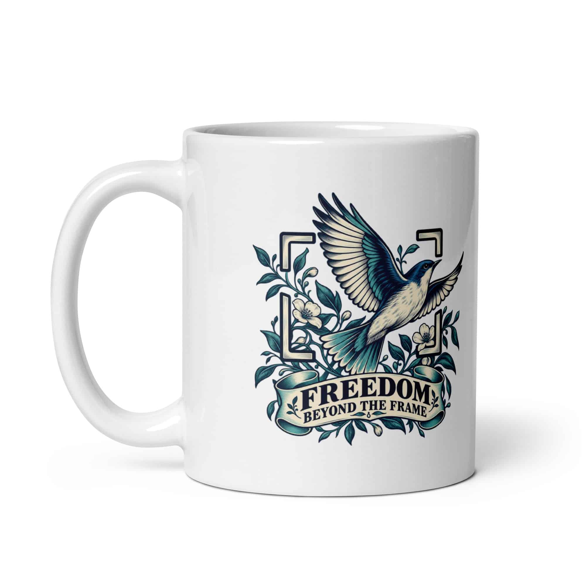 White Ceramic Coffee Mug: Freedom beyond the frame