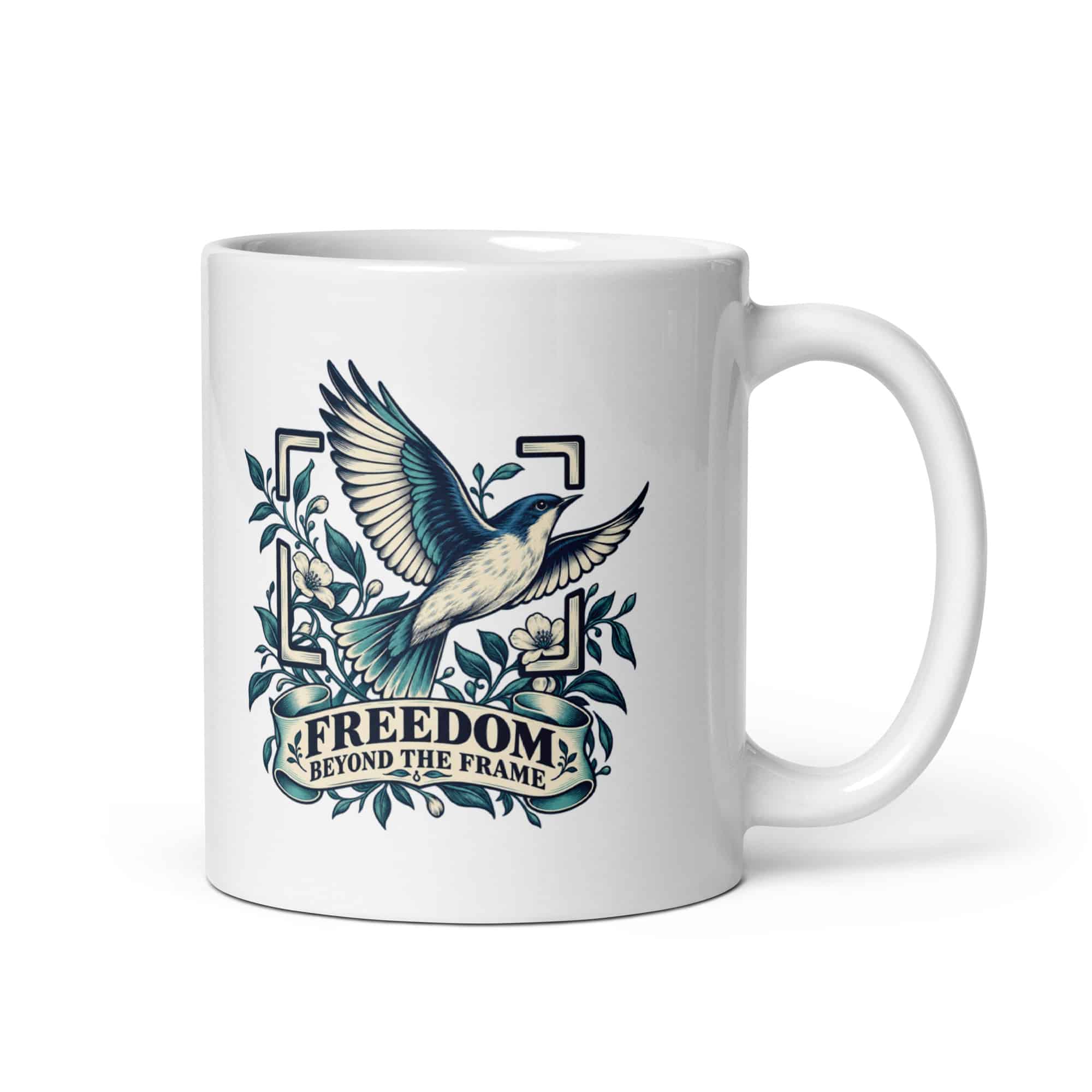 White Ceramic Coffee Mug: Freedom beyond the frame