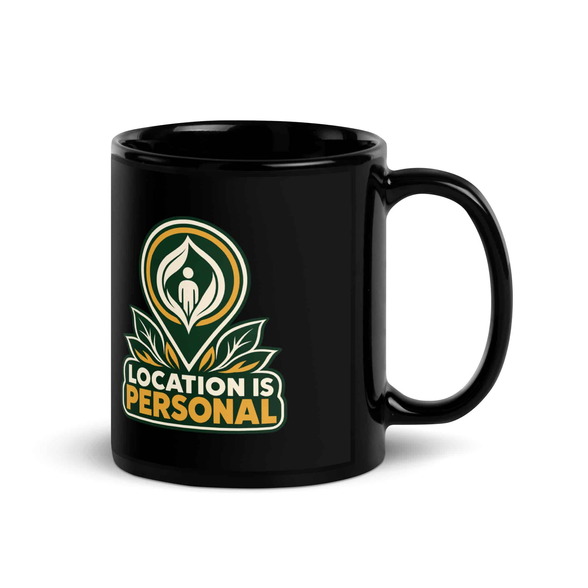 Black Glossy Coffee Mug: Location is personal