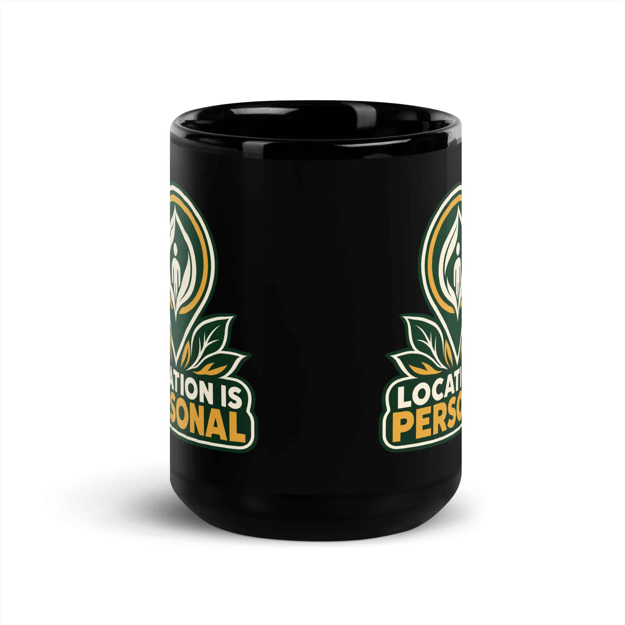Black Glossy Coffee Mug: Location is personal