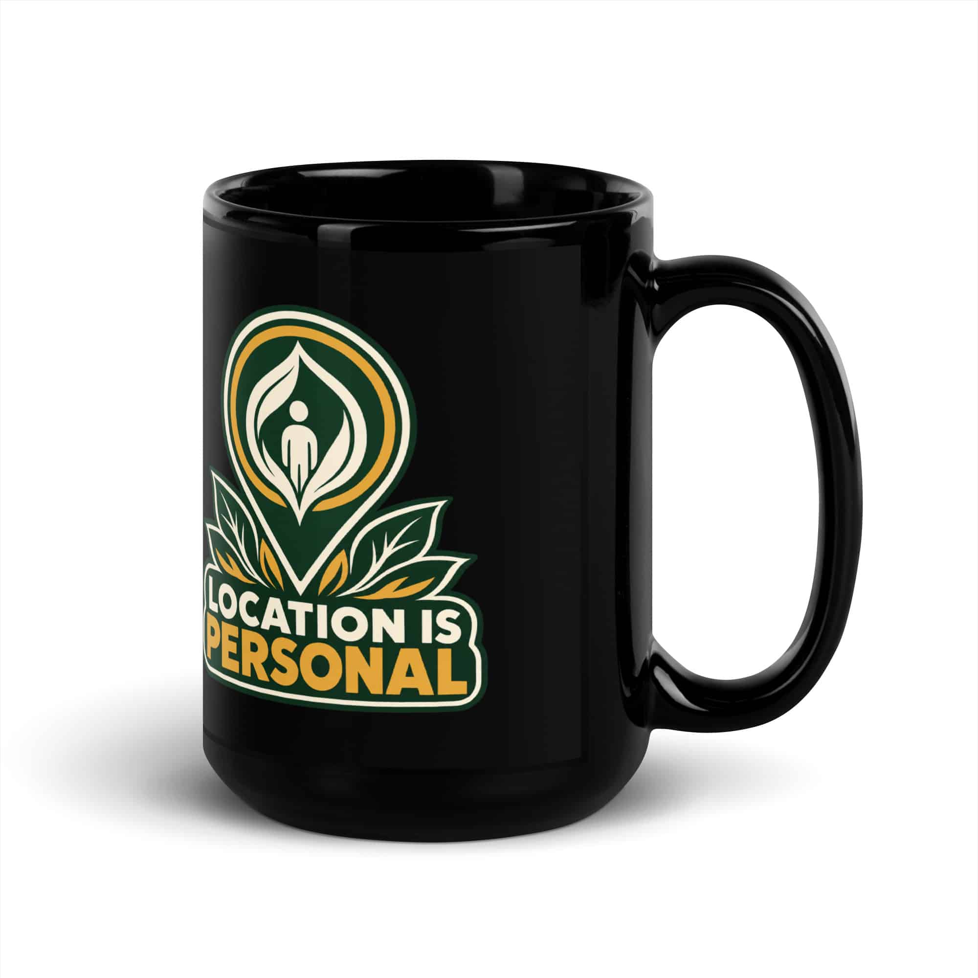 Black Glossy Coffee Mug: Location is personal