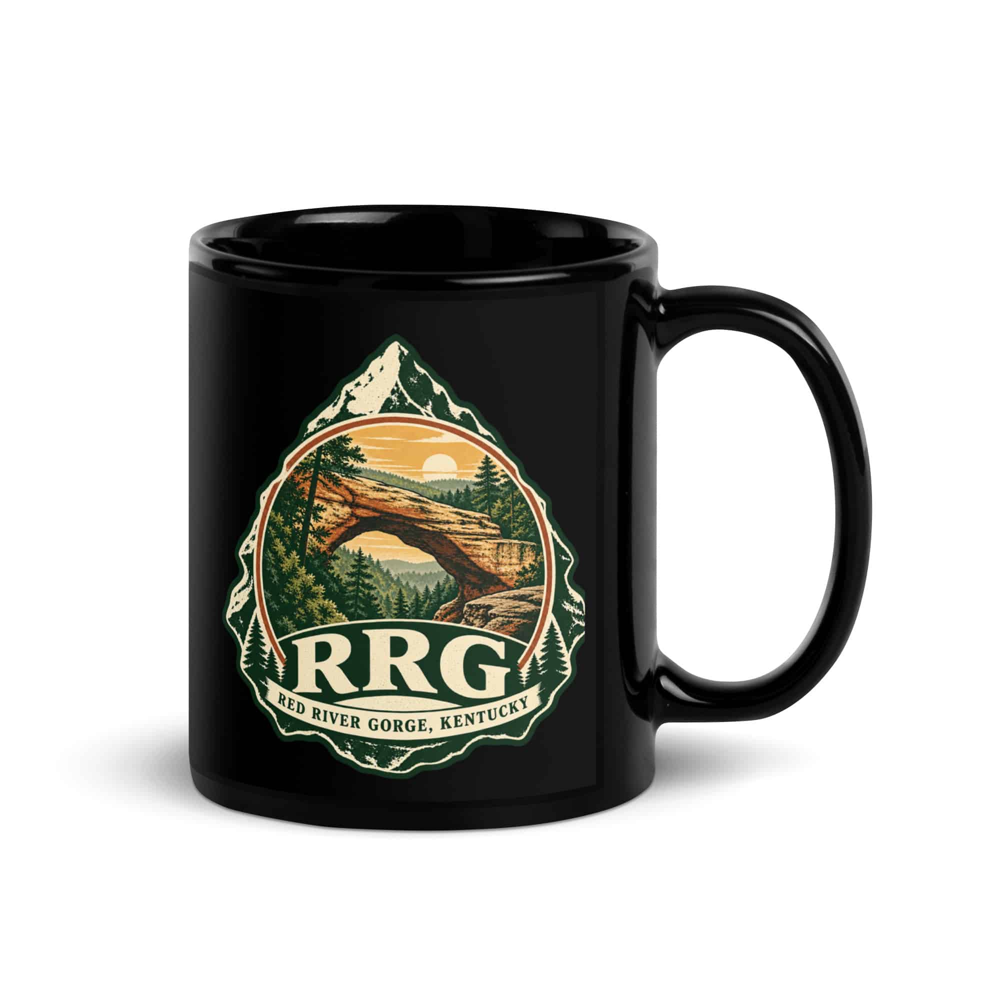 Red River Gorge Black Coffee Mug: RRG, Vintage Round Badge