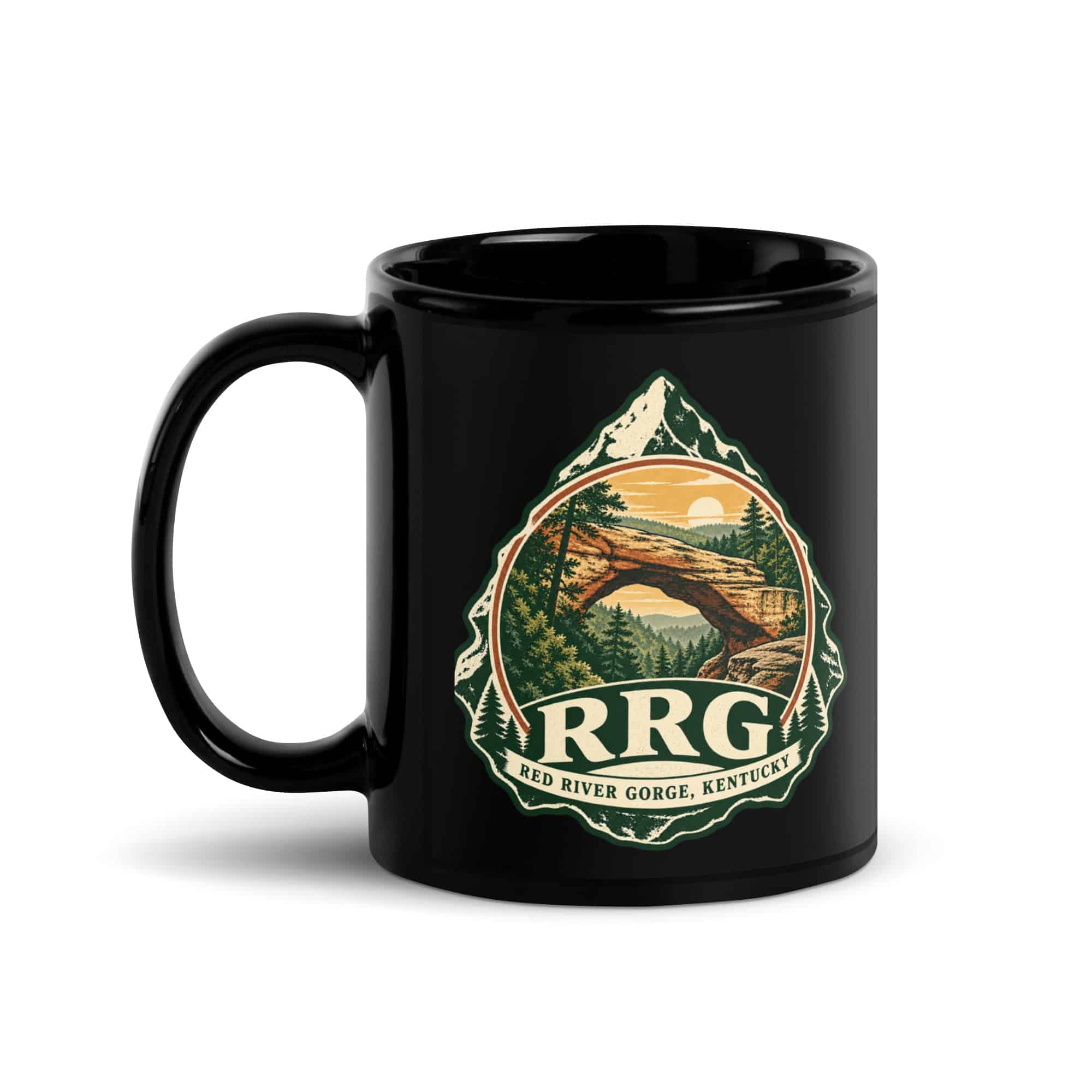 Red River Gorge Black Coffee Mug: RRG, Vintage Round Badge