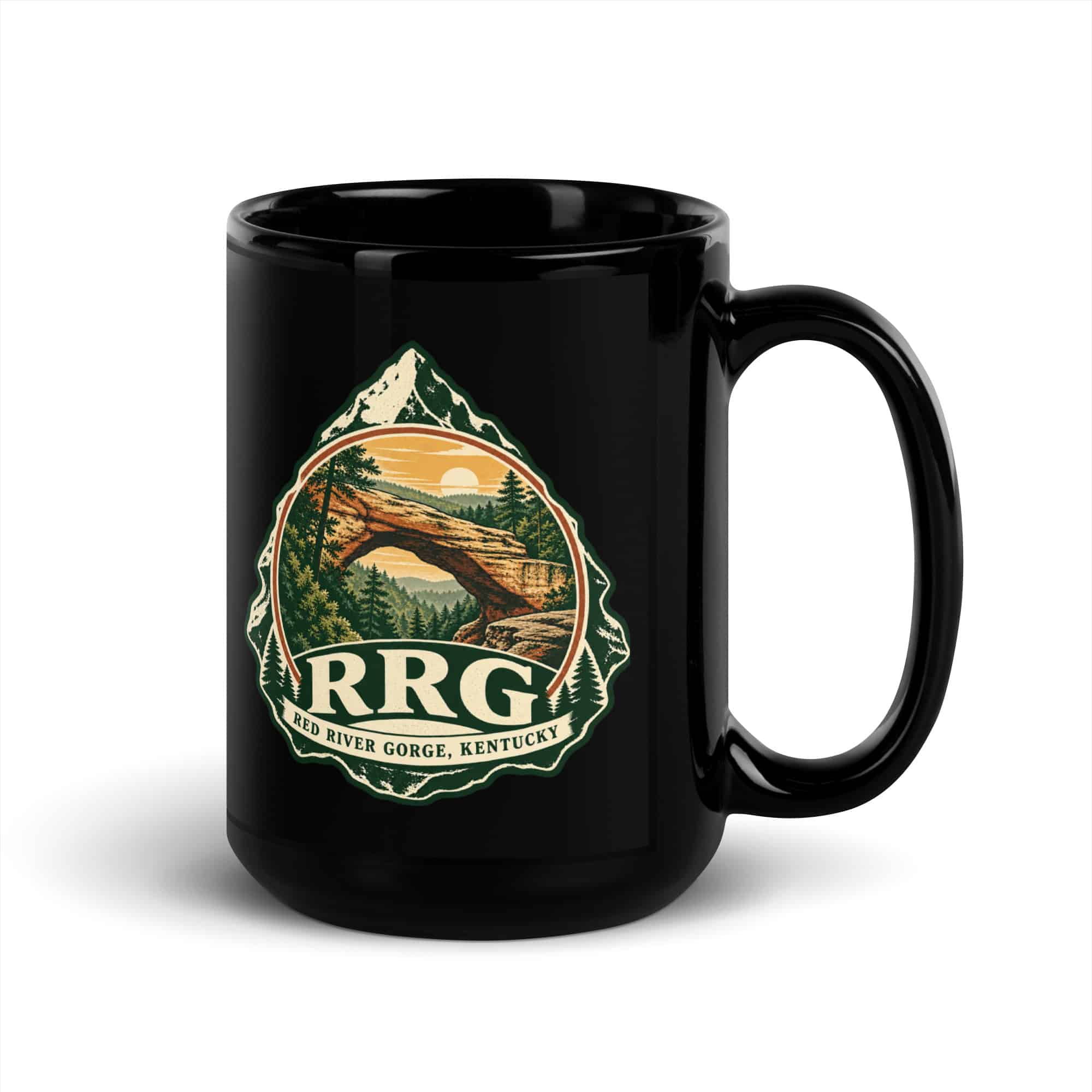 Red River Gorge Black Coffee Mug: RRG, Vintage Round Badge