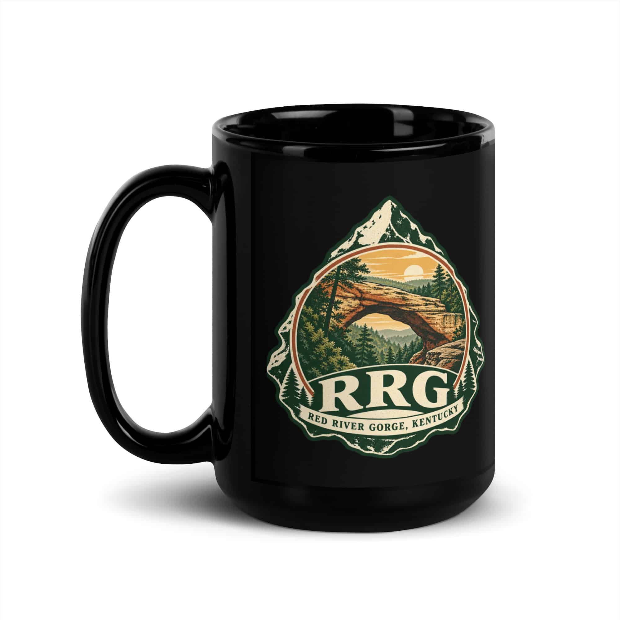 Red River Gorge Black Coffee Mug: RRG, Vintage Round Badge