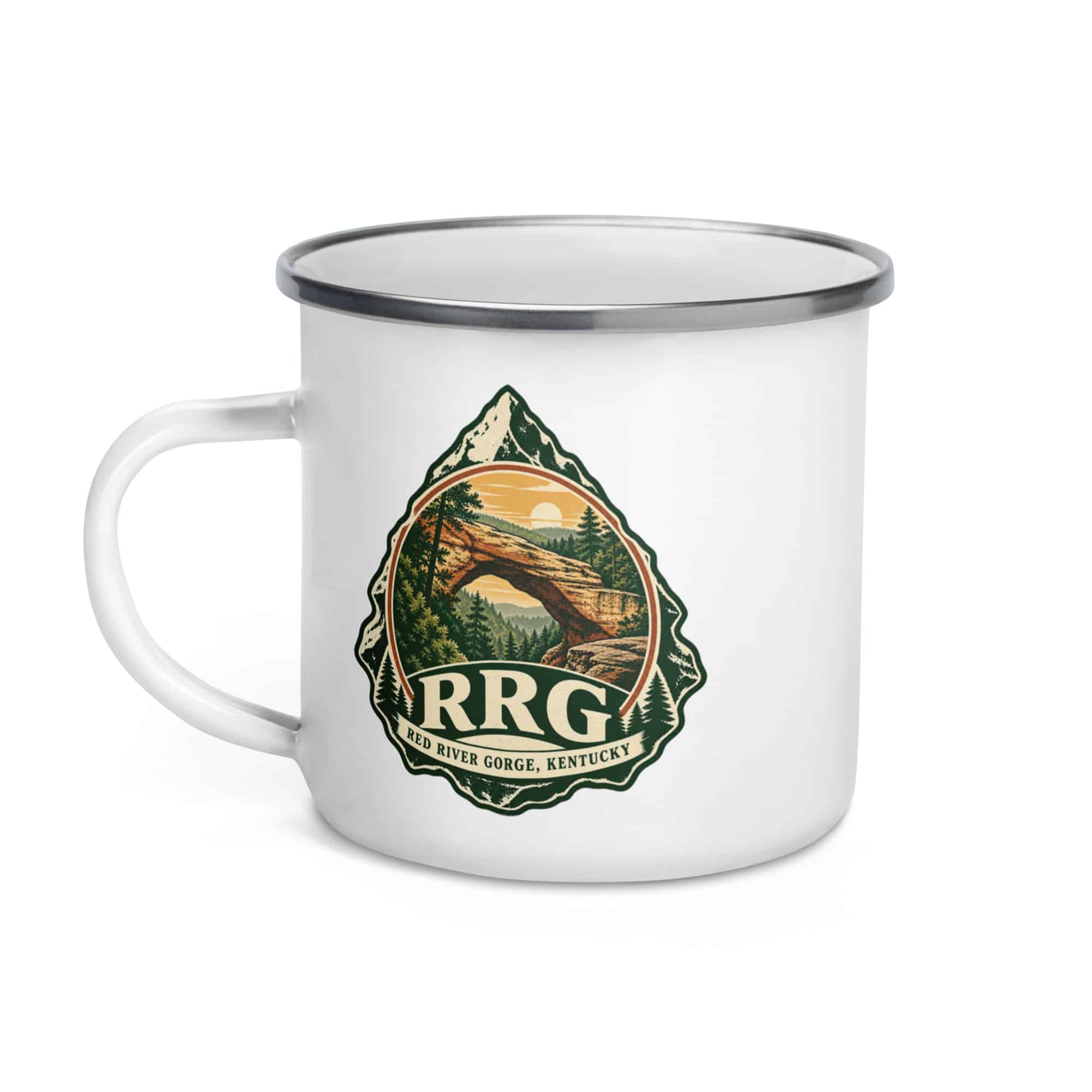 Red River Gorge Enamel Camp Mug: RRG, Vintage Round Badge