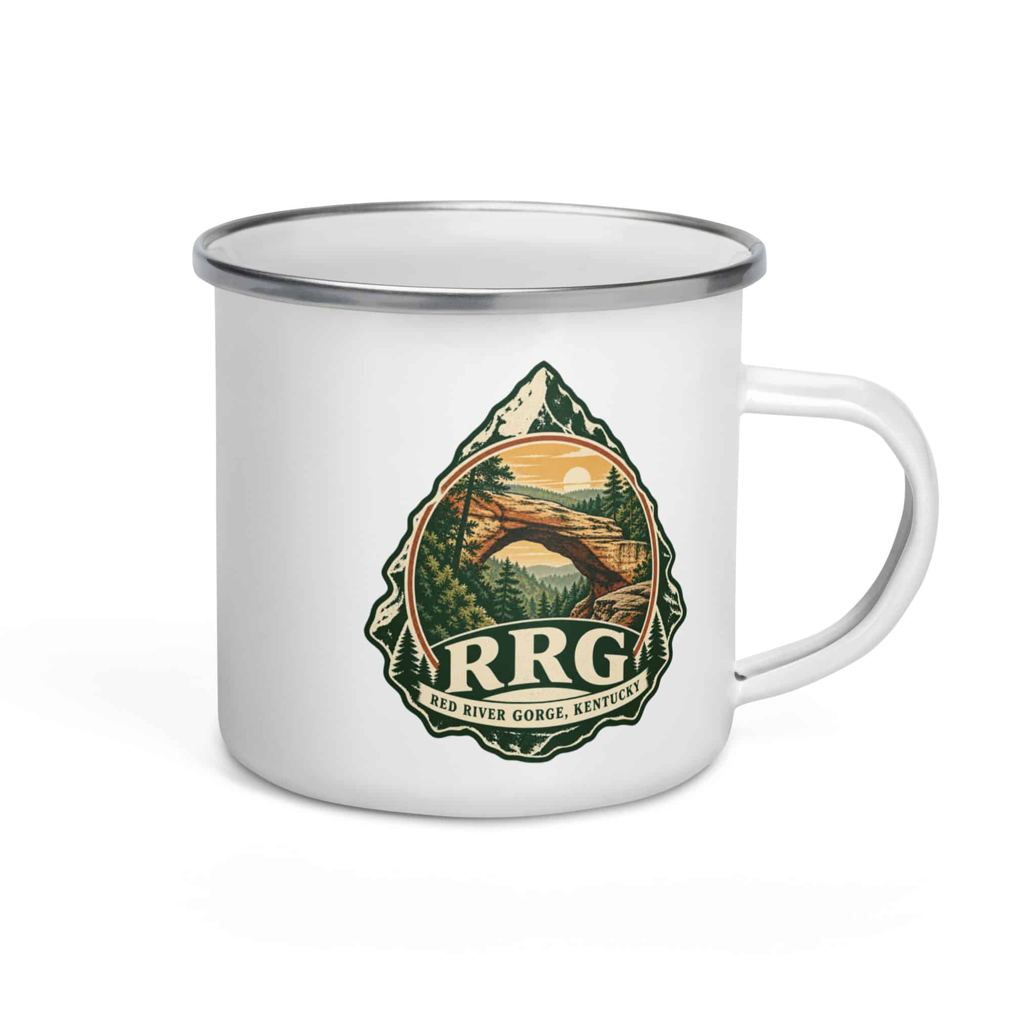 Red River Gorge Enamel Camp Mug: RRG, Vintage Round Badge