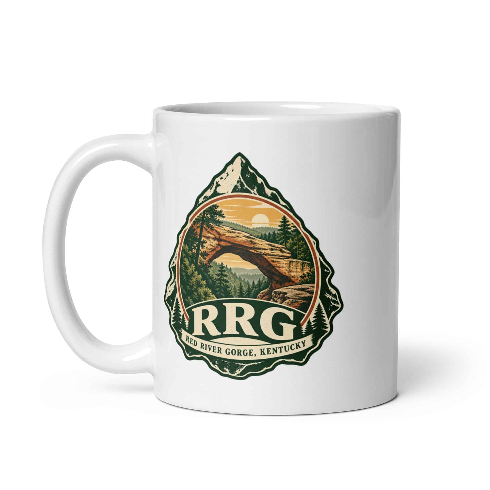 Red River Gorge White Ceramic Coffee Mug: RRG, Vintage Round Badge