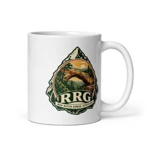 Red River Gorge White Ceramic Coffee Mug: RRG, Vintage Round Badge - 11 oz - Main