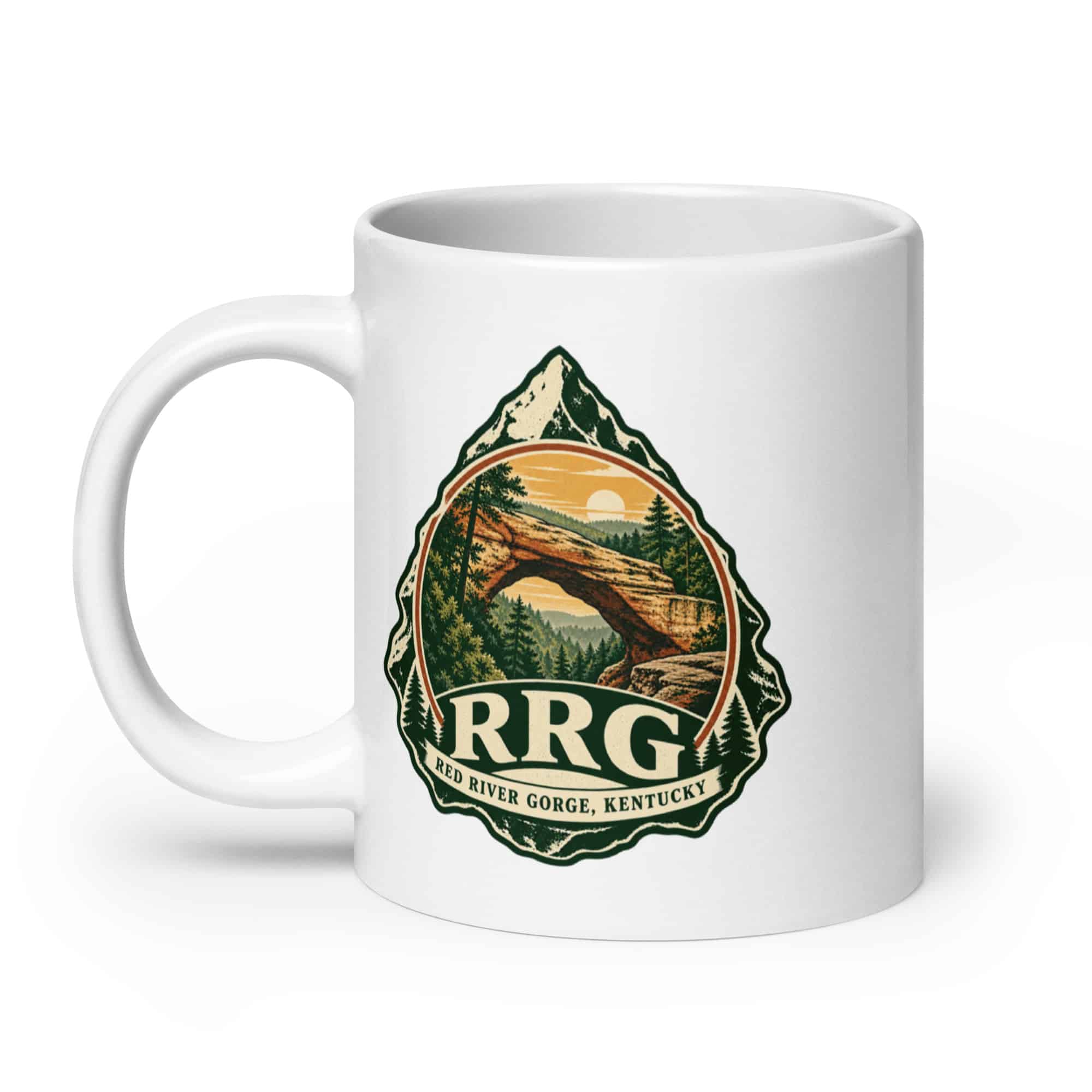 Red River Gorge White Ceramic Coffee Mug: RRG, Vintage Round Badge