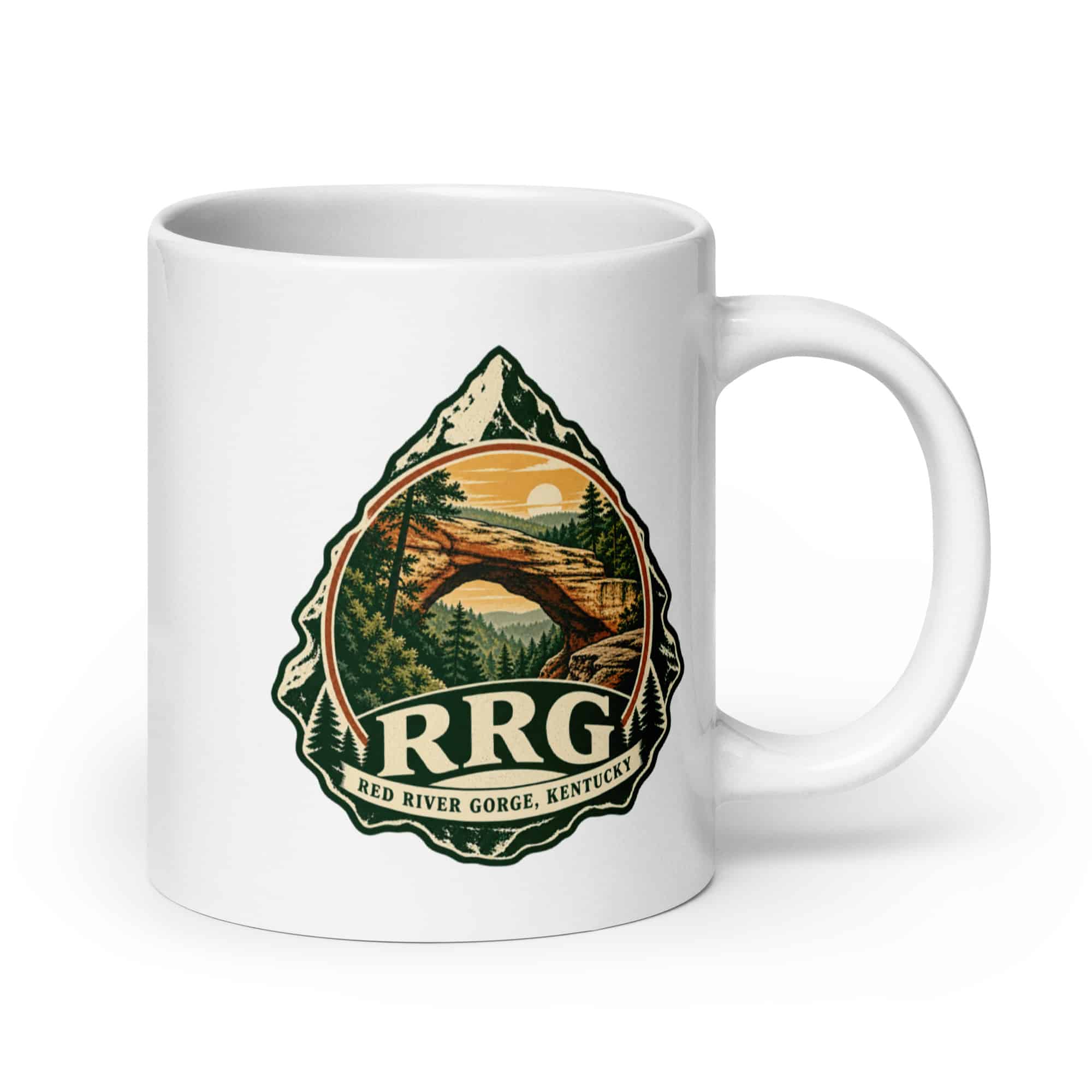 Red River Gorge White Ceramic Coffee Mug: RRG, Vintage Round Badge