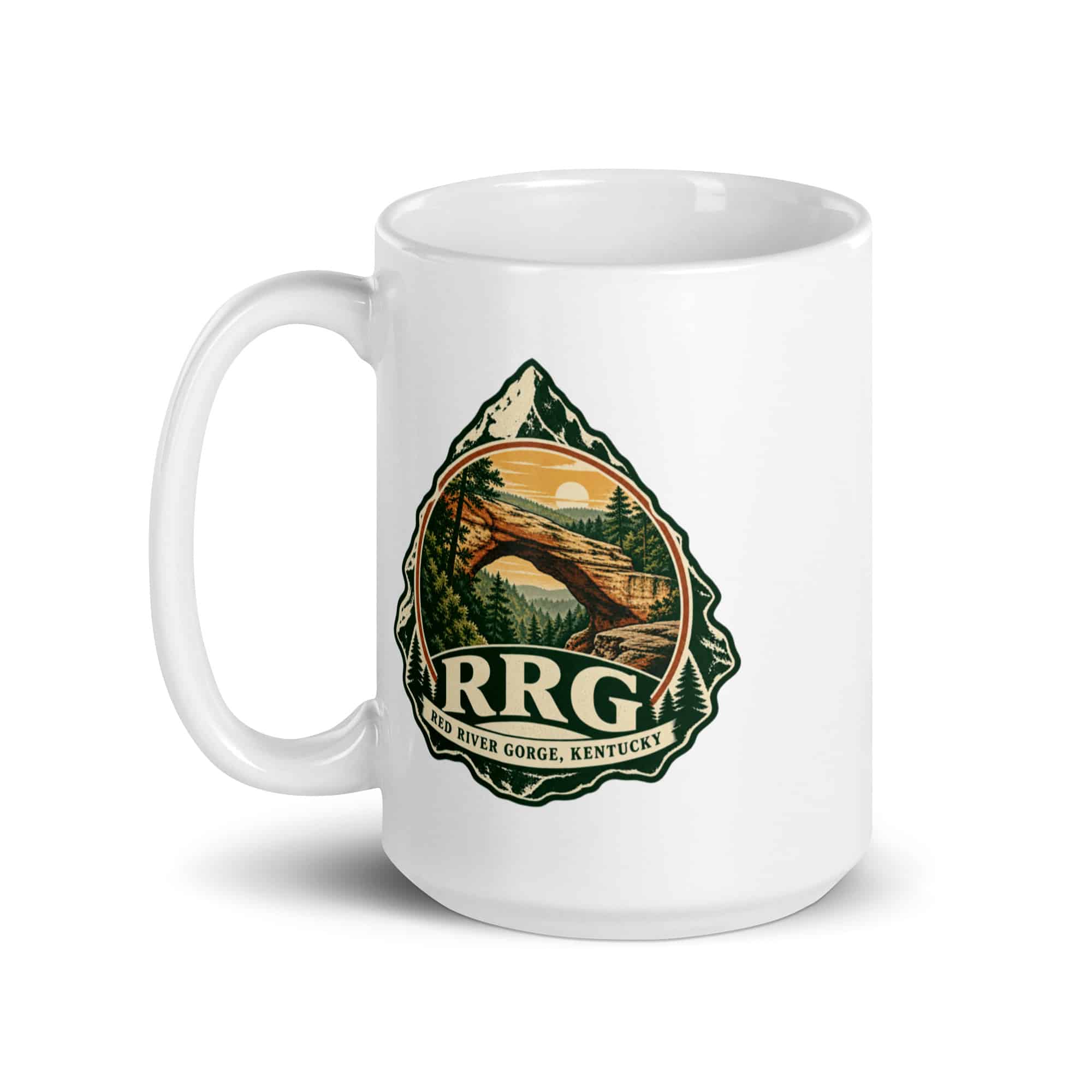 Red River Gorge White Ceramic Coffee Mug: RRG, Vintage Round Badge