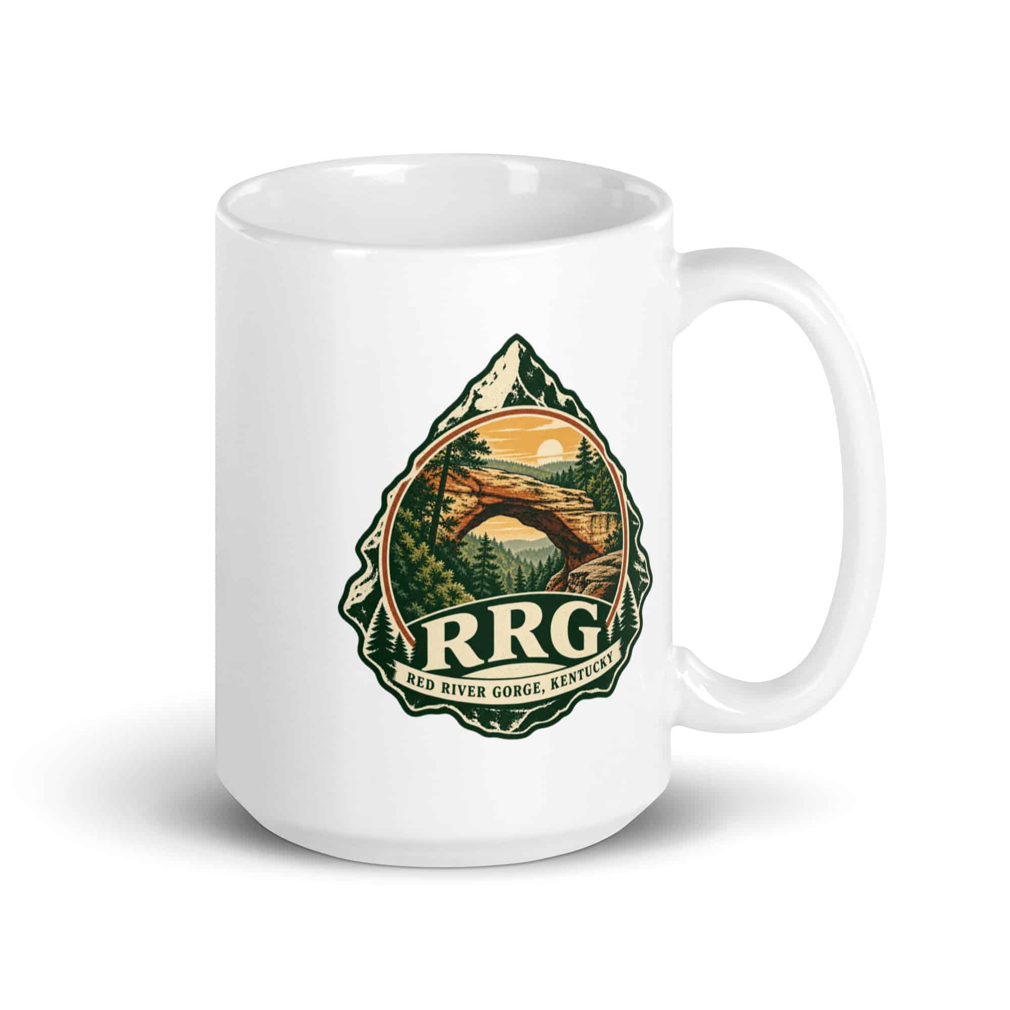 Red River Gorge White Ceramic Coffee Mug: RRG, Vintage Round Badge