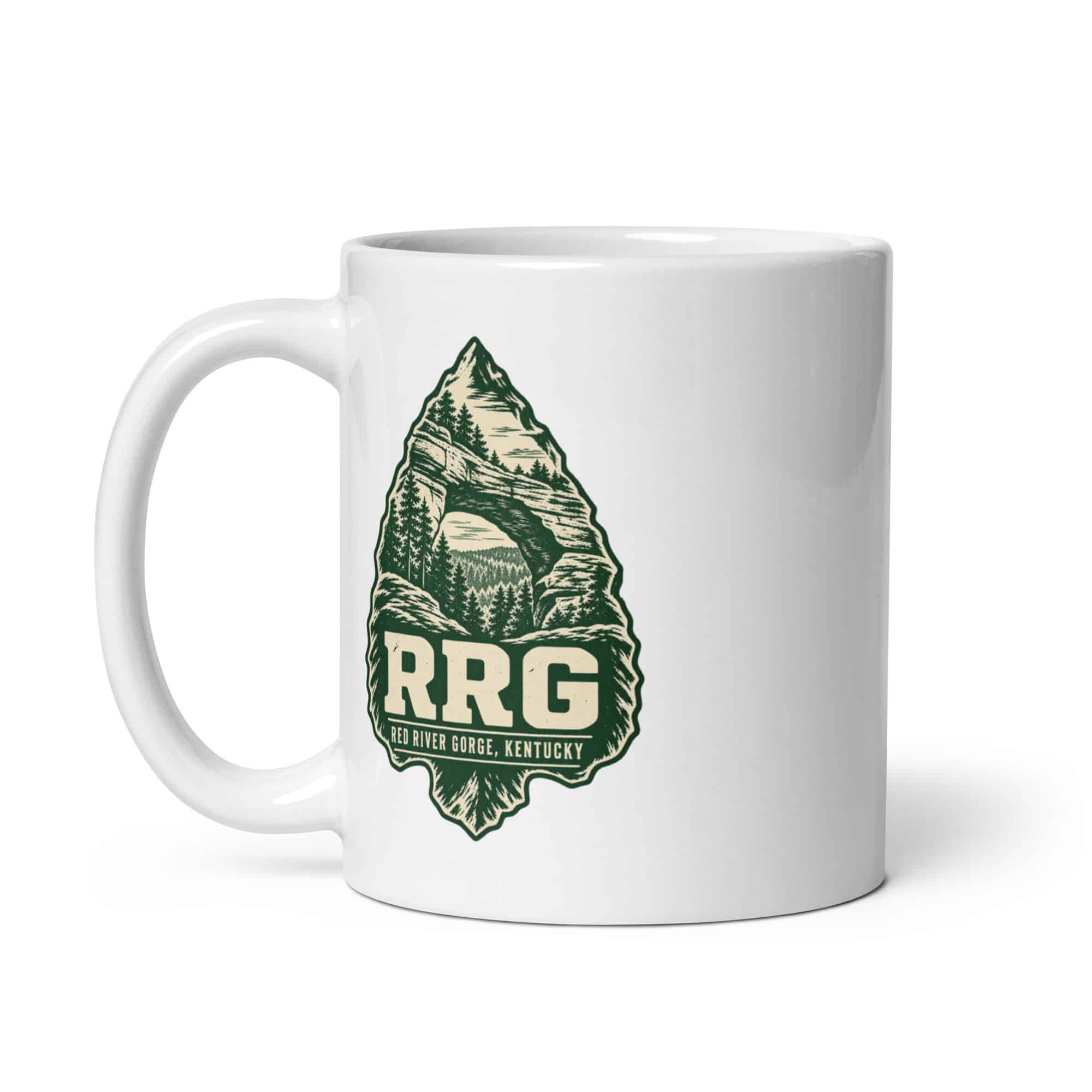 Red River Gorge White Ceramic Coffee Mug: RRG, Forest Ink Stamp