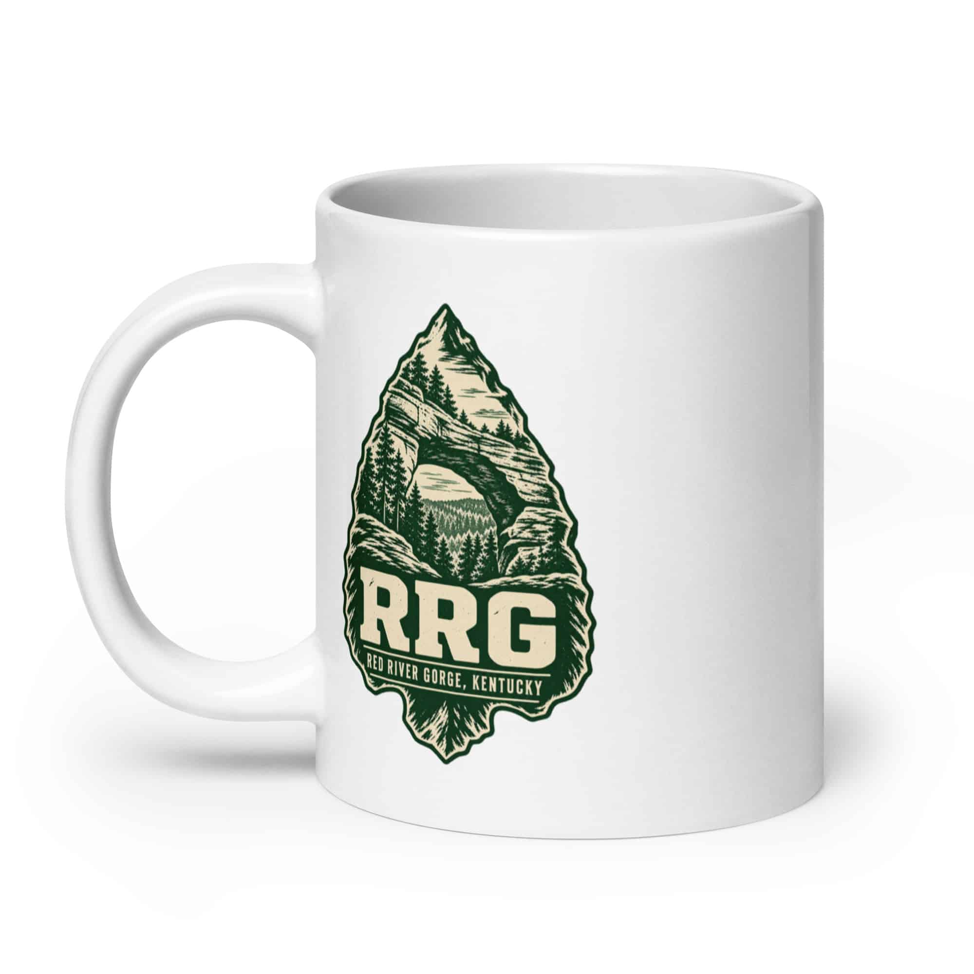 Red River Gorge White Ceramic Coffee Mug: RRG, Forest Ink Stamp