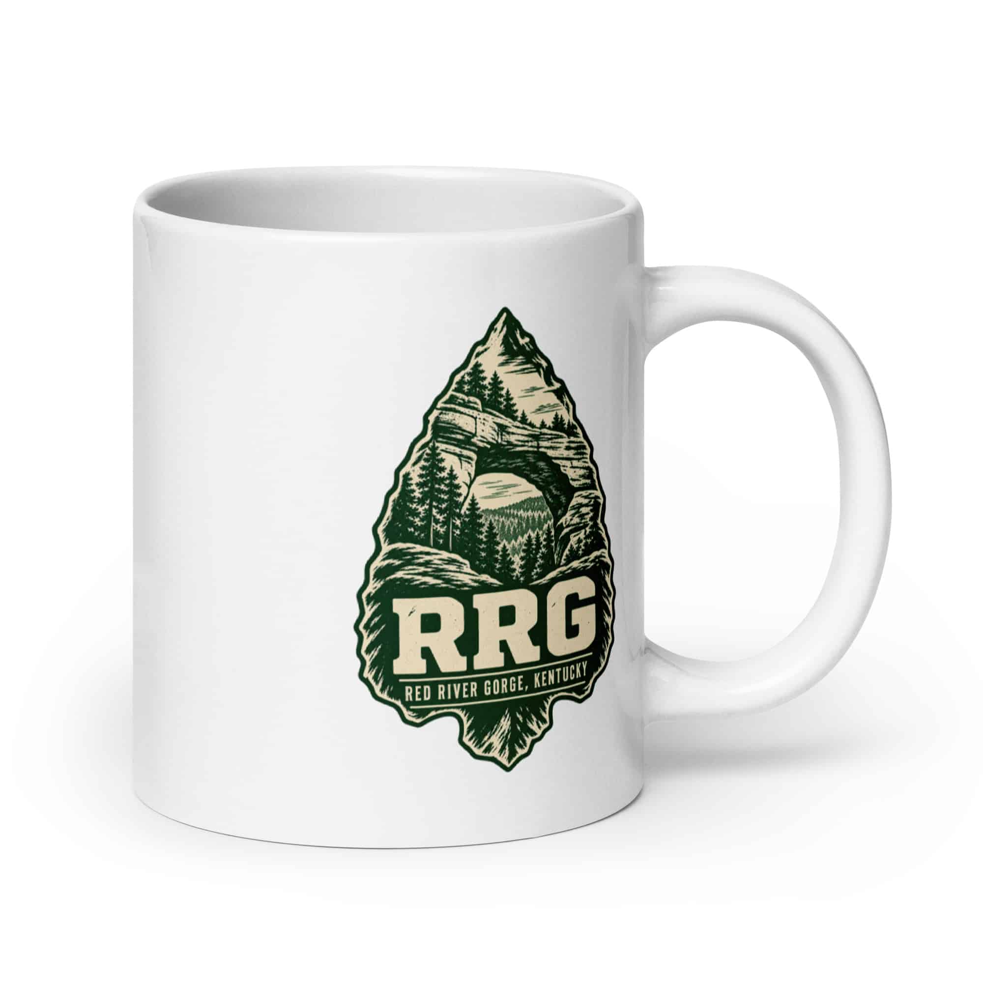 Red River Gorge White Ceramic Coffee Mug: RRG, Forest Ink Stamp
