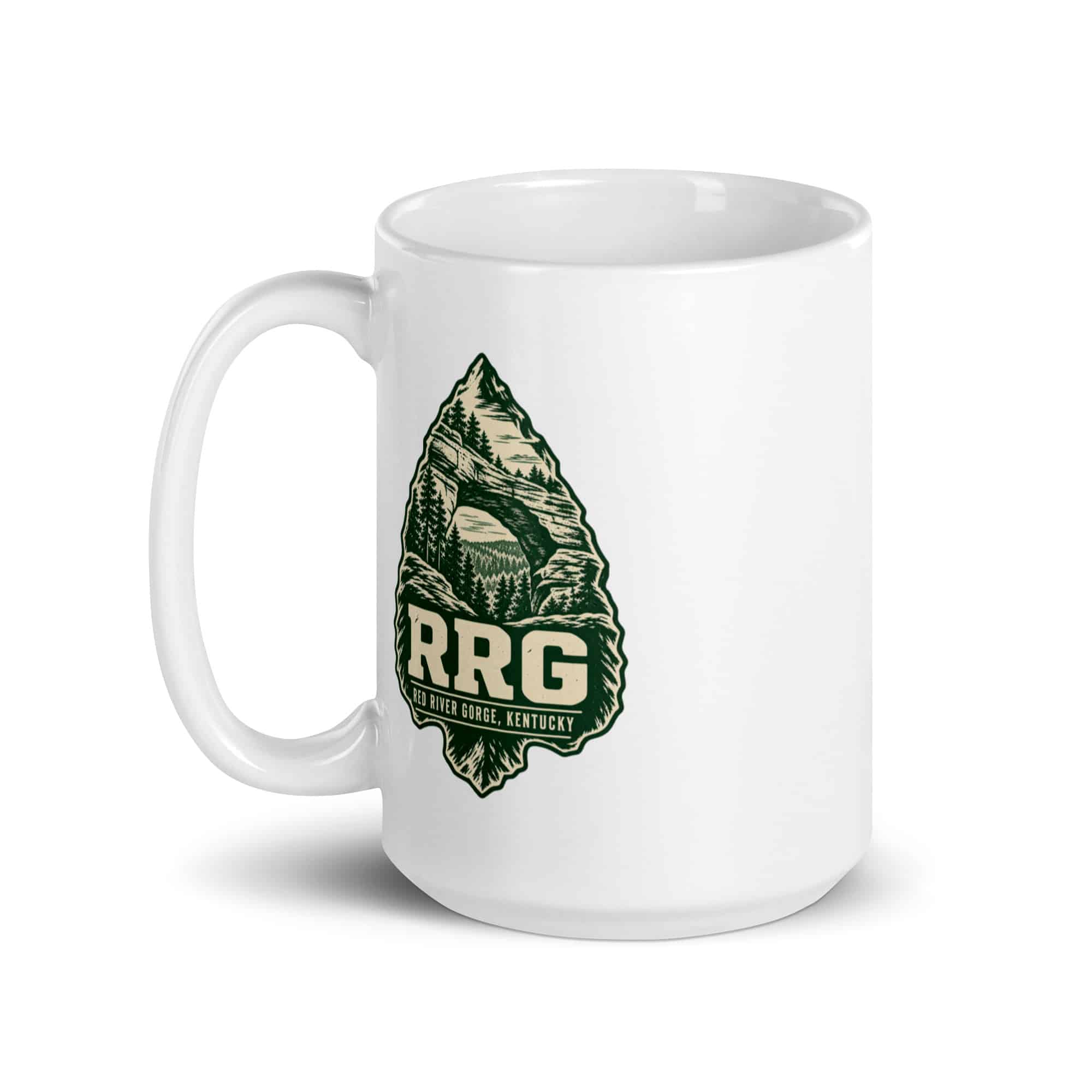 Red River Gorge White Ceramic Coffee Mug: RRG, Forest Ink Stamp