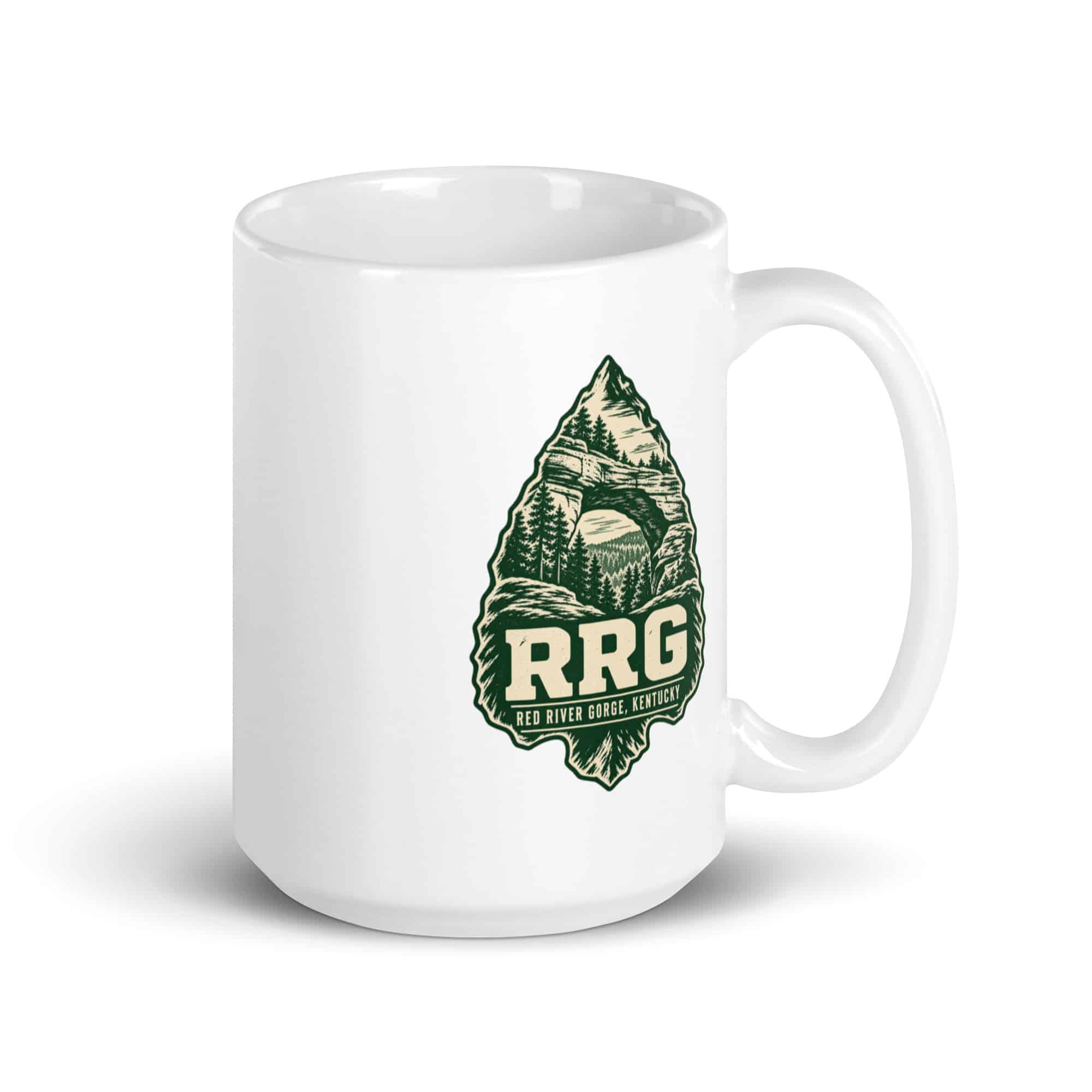 Red River Gorge White Ceramic Coffee Mug: RRG, Forest Ink Stamp