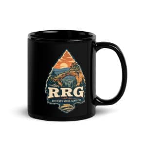Red River Gorge Black Coffee Mug: RRG, Scenic Shield Badge - 11 oz - Handle on Right