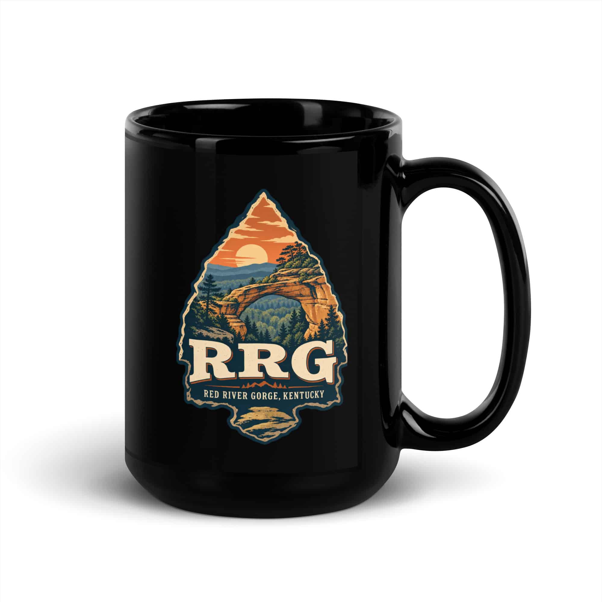 Red River Gorge Black Coffee Mug: RRG, Scenic Shield Badge