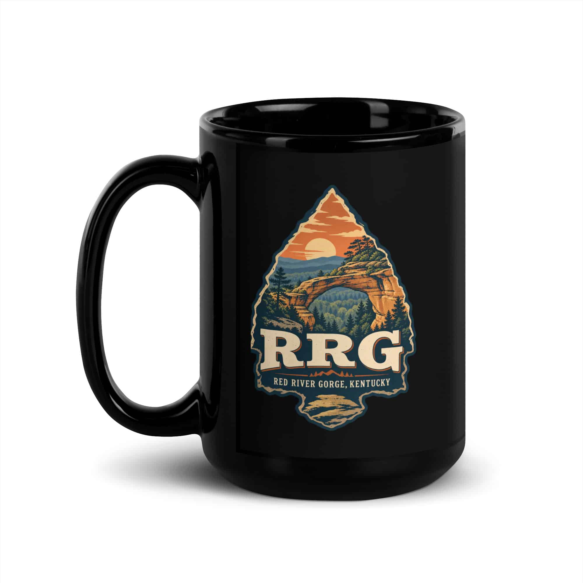 Red River Gorge Black Coffee Mug: RRG, Scenic Shield Badge