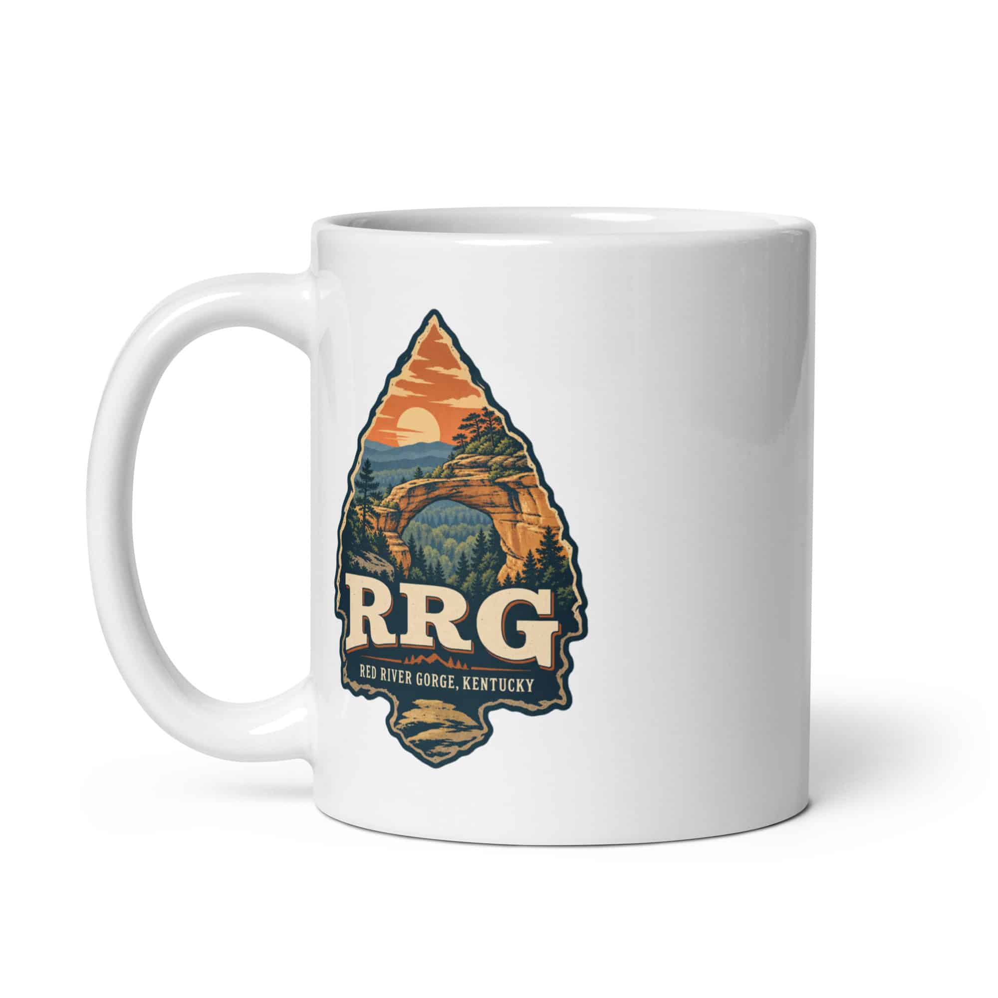 Red River Gorge White Ceramic Coffee Mug: RRG, Scenic Shield Badge