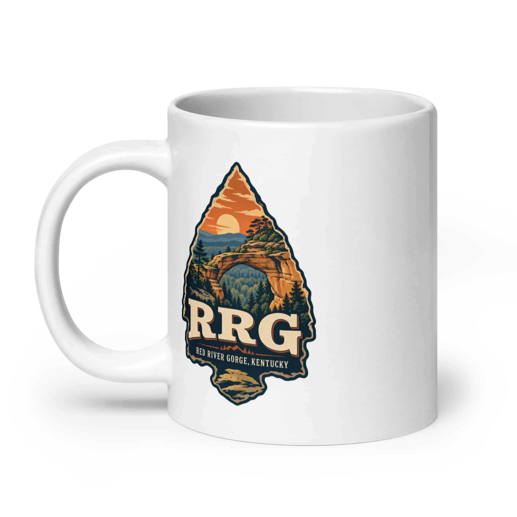 Red River Gorge White Ceramic Coffee Mug: RRG, Scenic Shield Badge