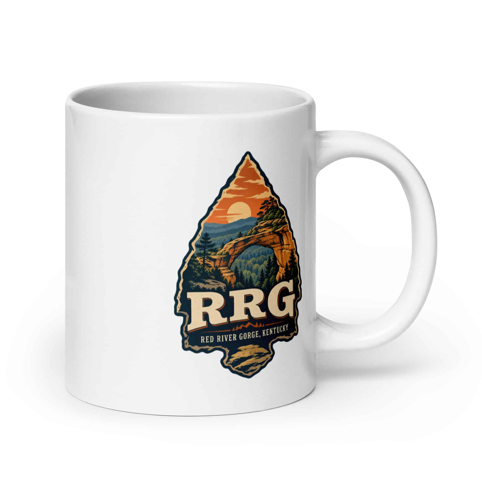 Red River Gorge White Ceramic Coffee Mug: RRG, Scenic Shield Badge
