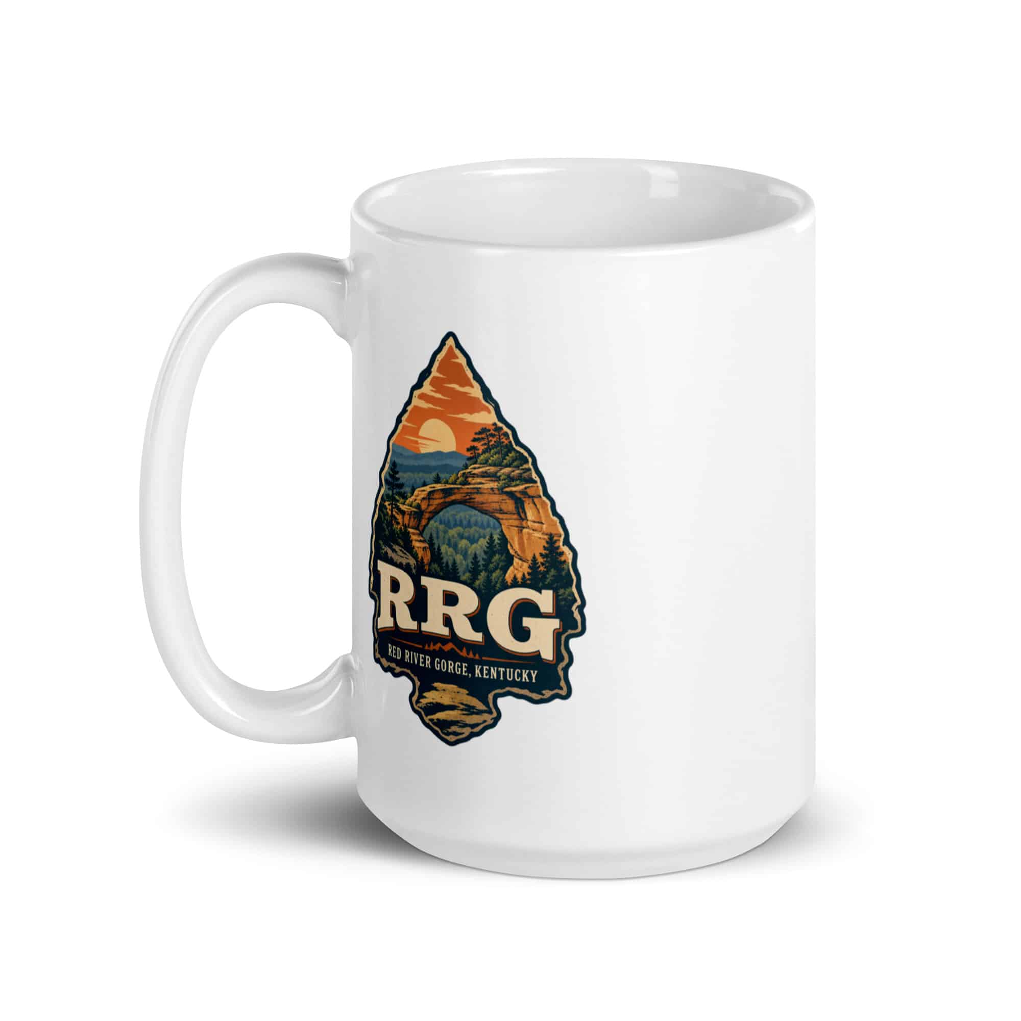 Red River Gorge White Ceramic Coffee Mug: RRG, Scenic Shield Badge