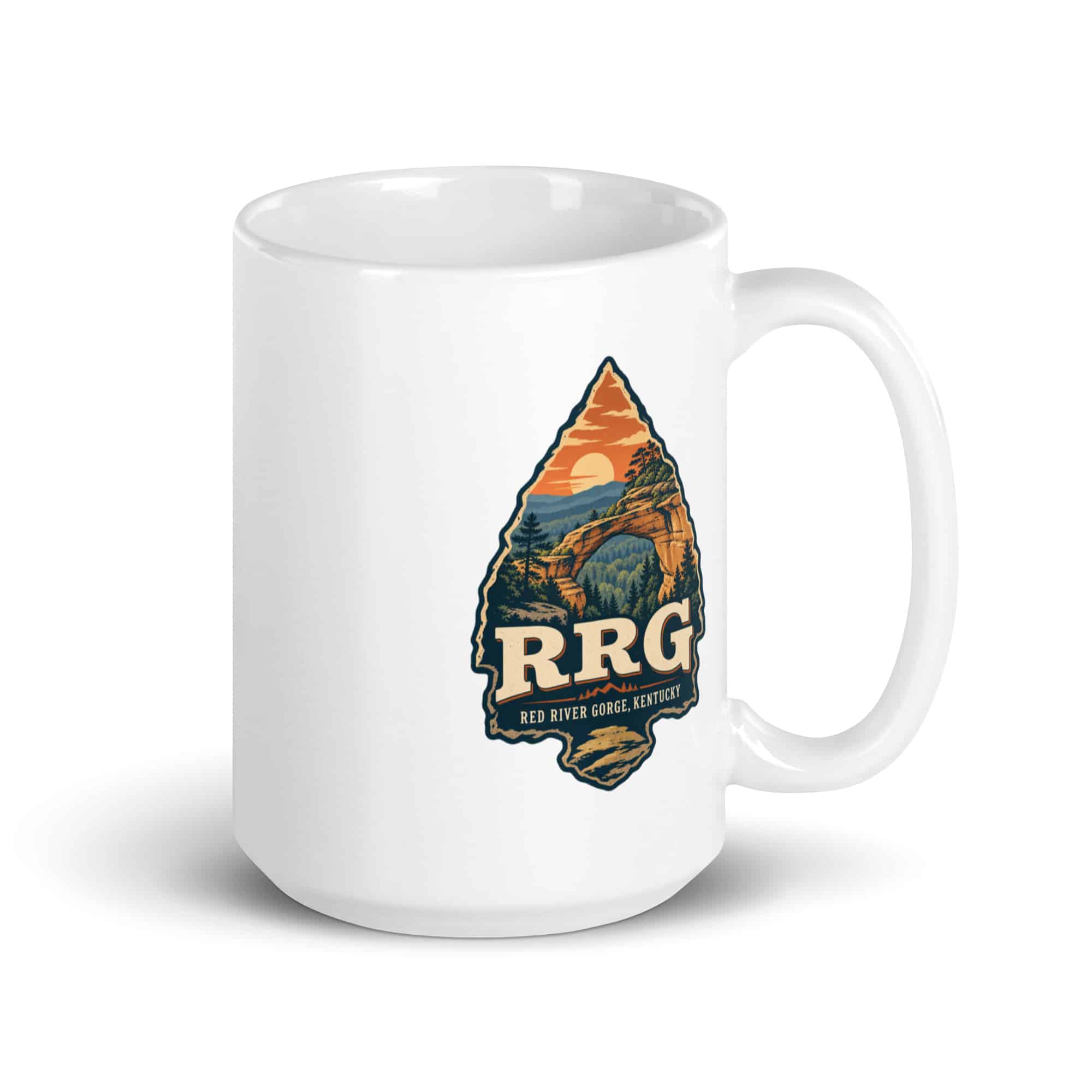 Red River Gorge White Ceramic Coffee Mug: RRG, Scenic Shield Badge