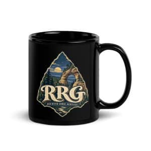 Red River Gorge Black Coffee Mug: RRG, Woodland Scenic Lettering - 11 oz - Handle on Right