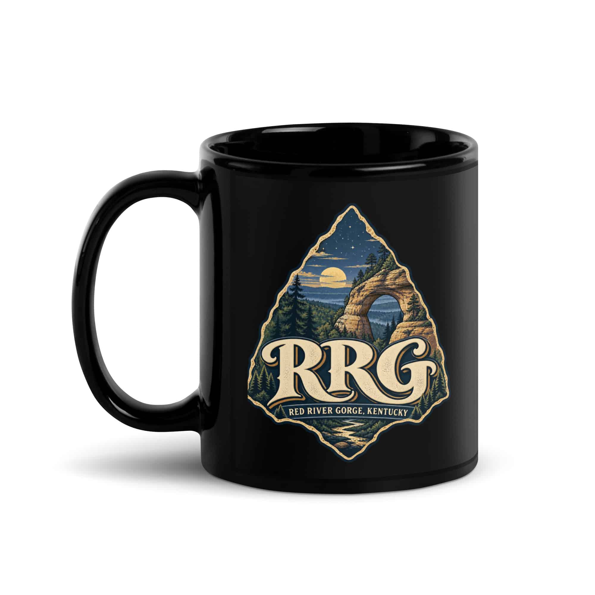Red River Gorge Black Coffee Mug: RRG, Woodland Scenic Lettering