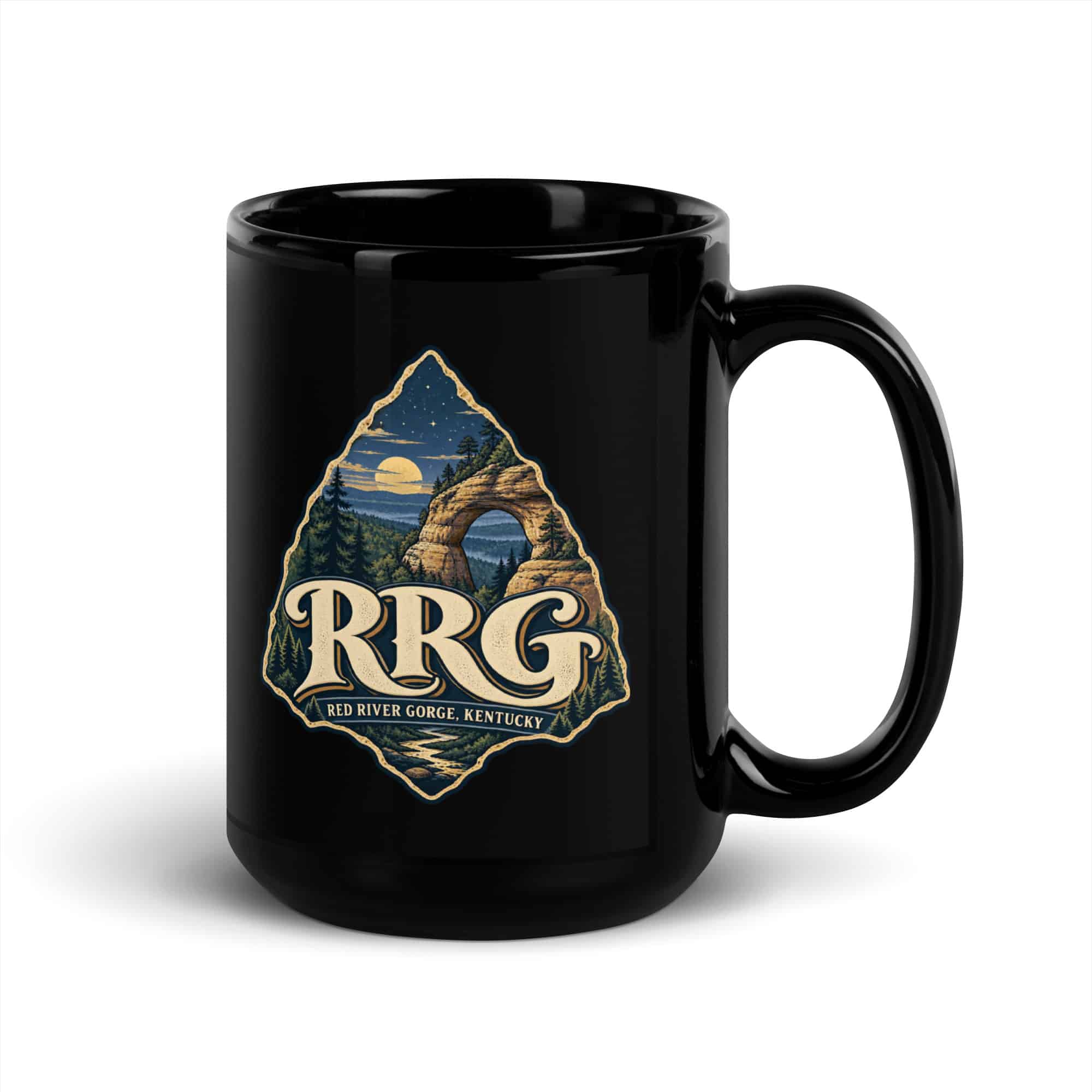 Red River Gorge Black Coffee Mug: RRG, Woodland Scenic Lettering