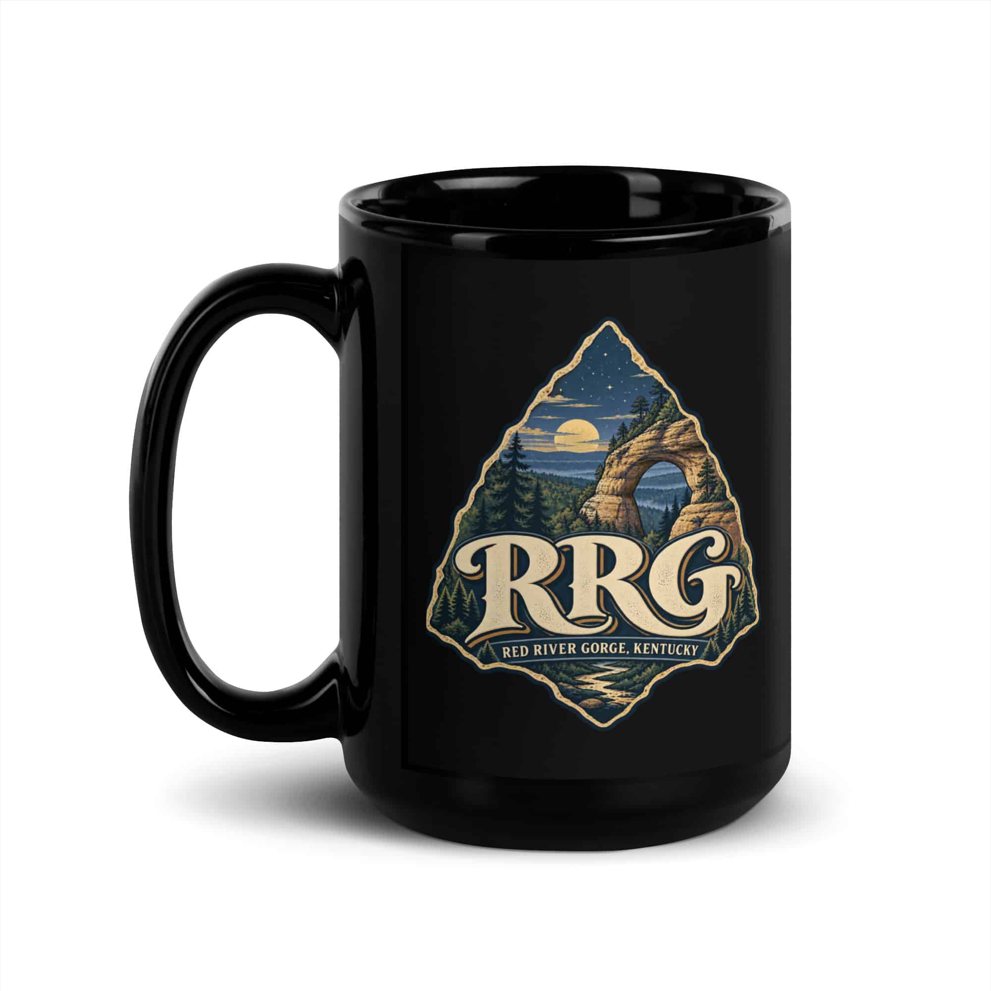 Red River Gorge Black Coffee Mug: RRG, Woodland Scenic Lettering