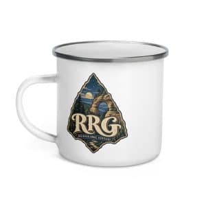 Red River Gorge Enamel Camp Mug: RRG, Woodland Scenic Lettering - 12 oz - Left