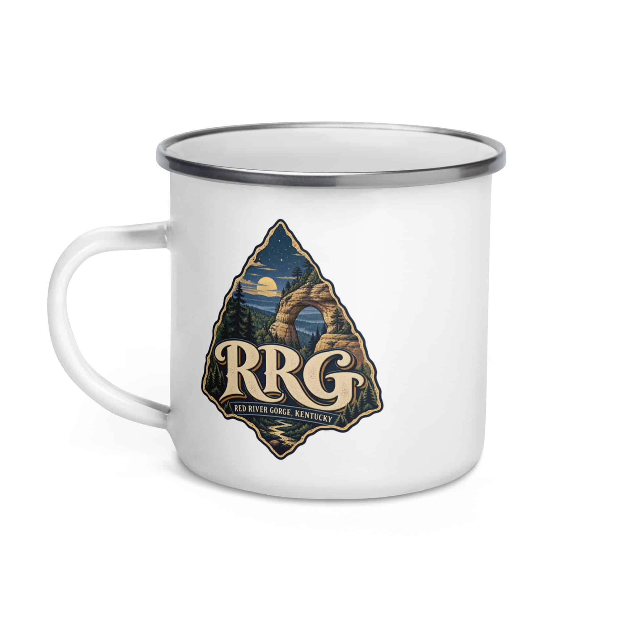 Red River Gorge Enamel Camp Mug: RRG, Woodland Scenic Lettering