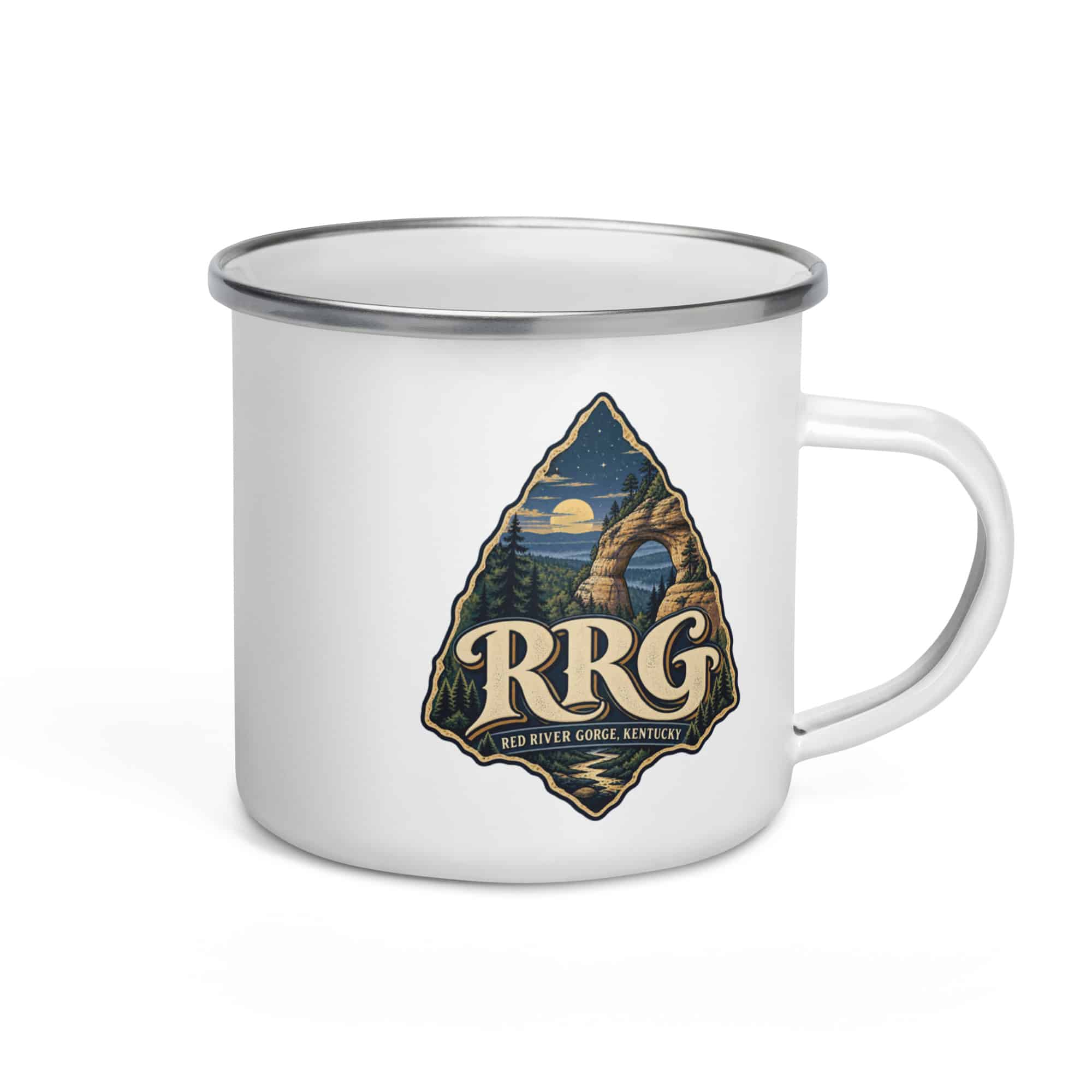 Red River Gorge Enamel Camp Mug: RRG, Woodland Scenic Lettering