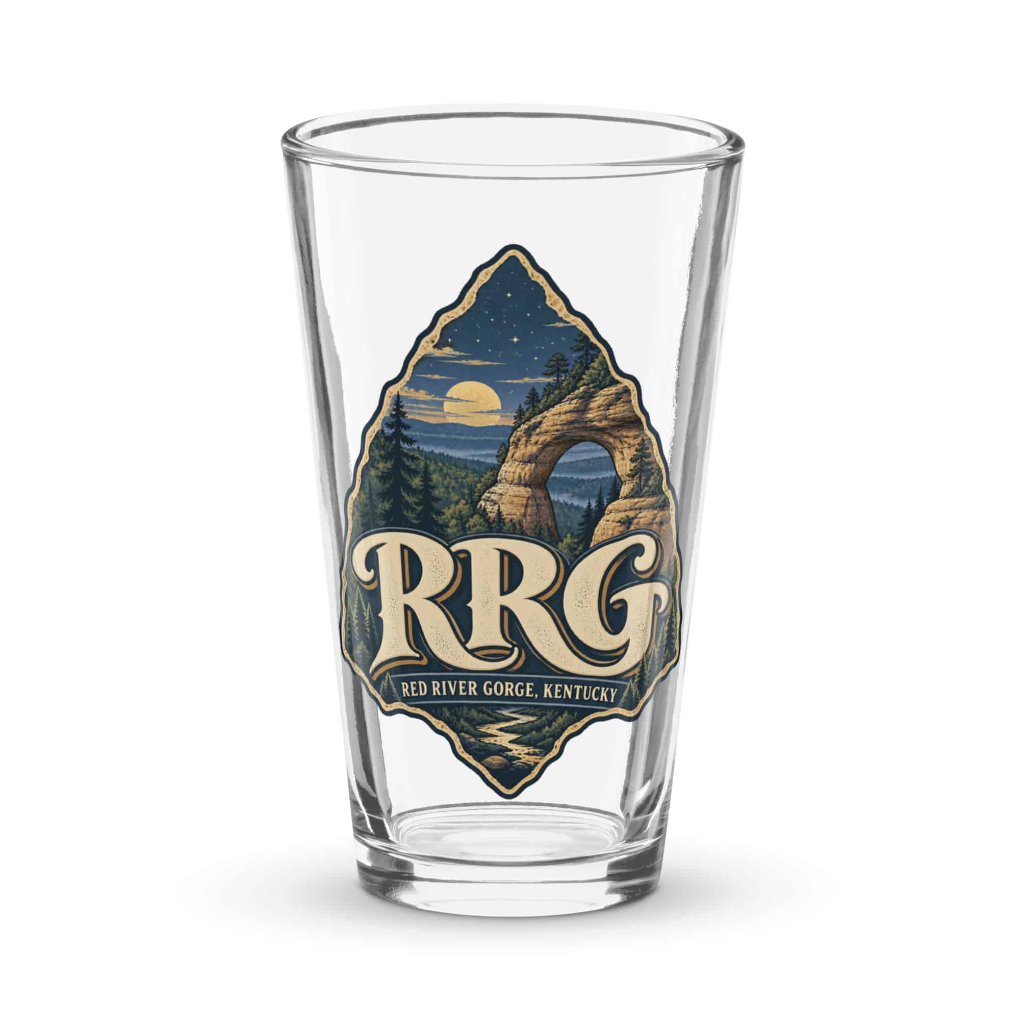 Red River Gorge Pint Glass: RRG, Woodland Scenic Lettering