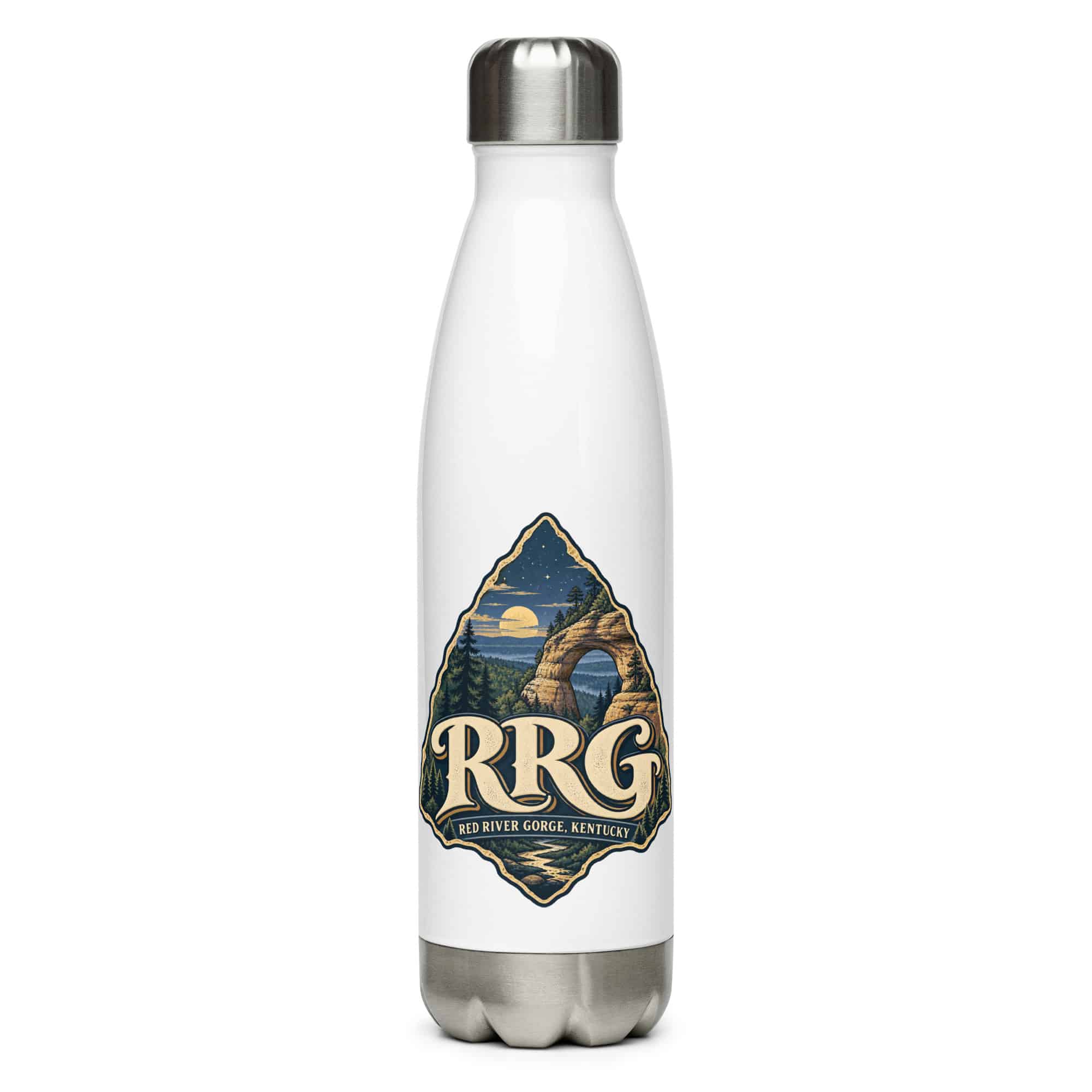 Red River Gorge Stainless Steel Water Bottle: RRG, Woodland Scenic Lettering