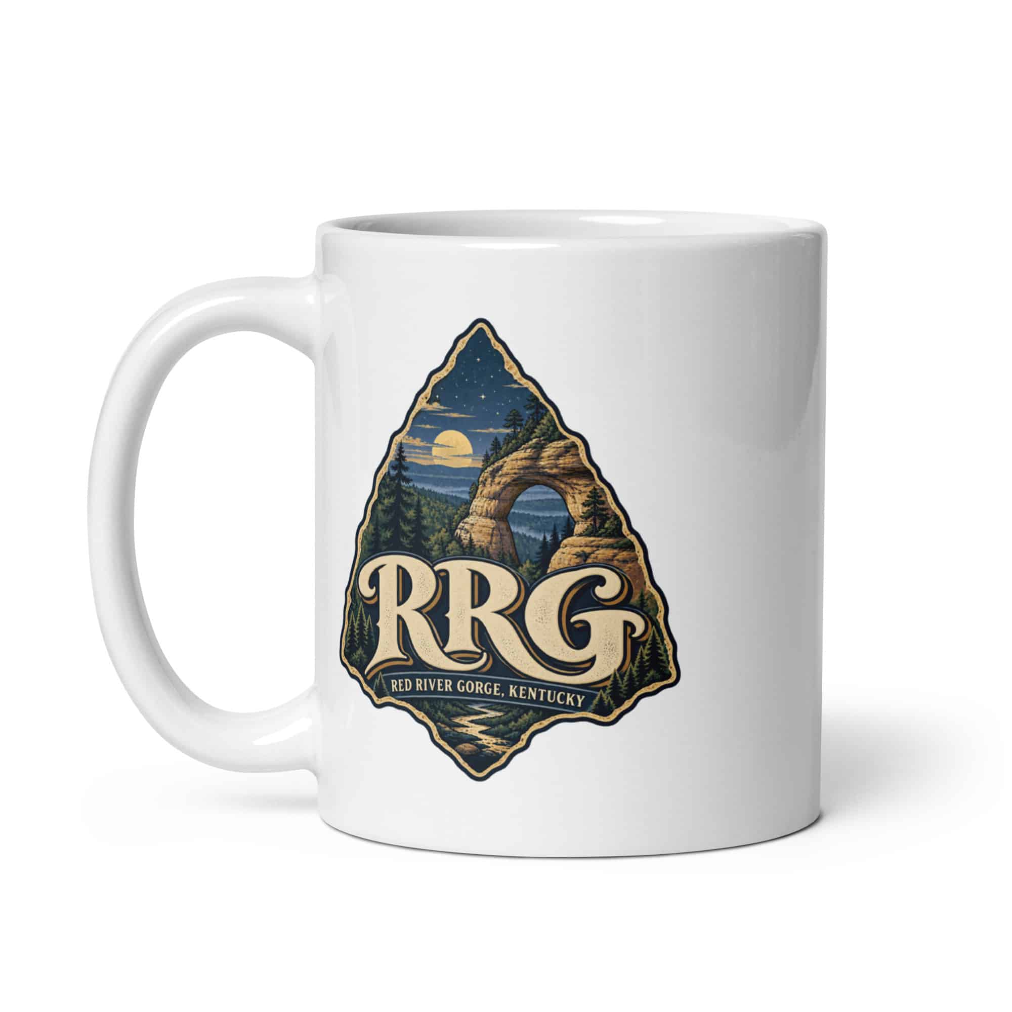Red River Gorge White Ceramic Coffee Mug: RRG, Woodland Scenic Lettering