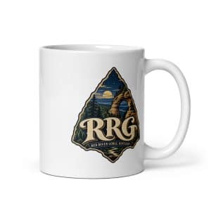 Red River Gorge White Ceramic Coffee Mug: RRG, Woodland Scenic Lettering - 11 oz - Main