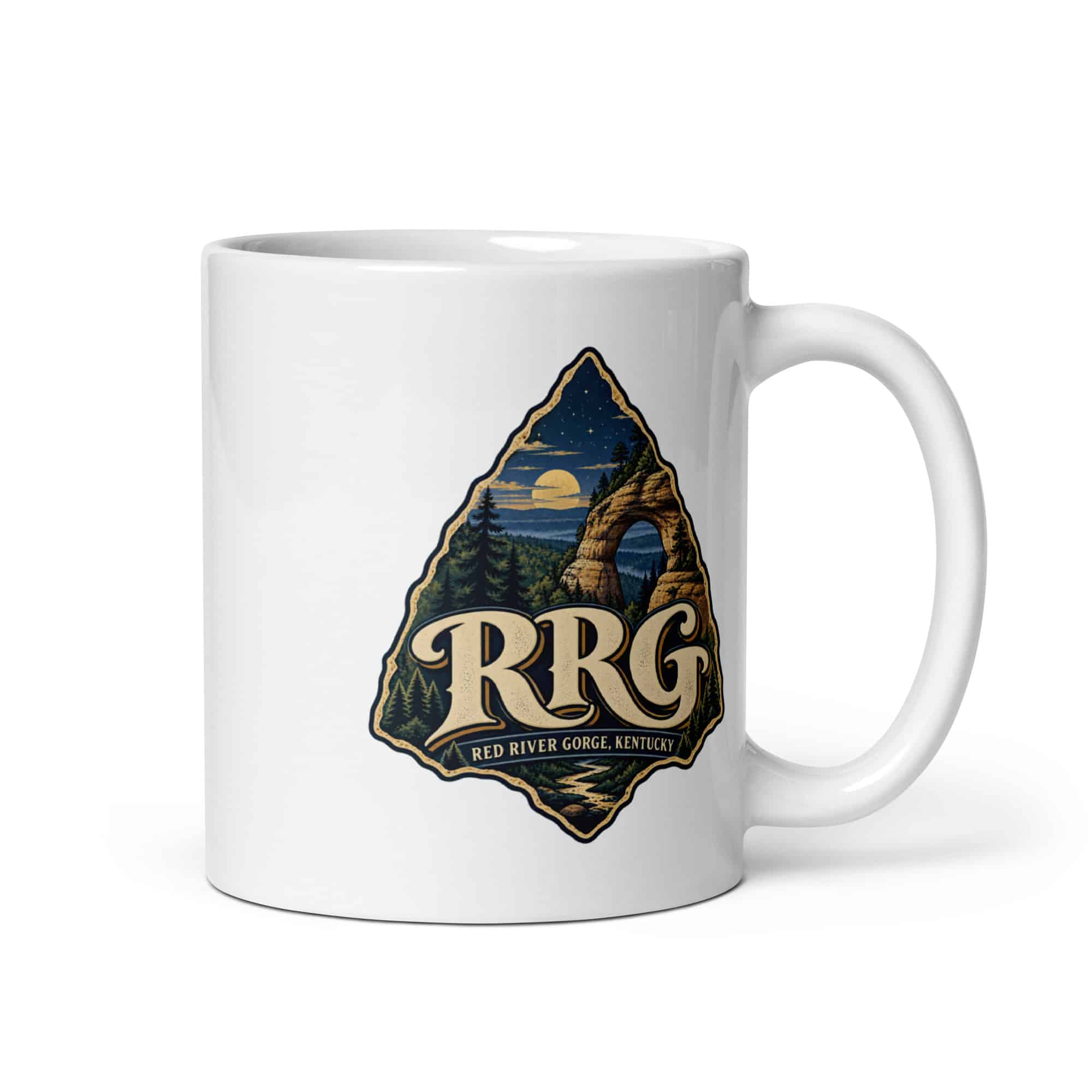 Red River Gorge White Ceramic Coffee Mug: RRG, Woodland Scenic Lettering