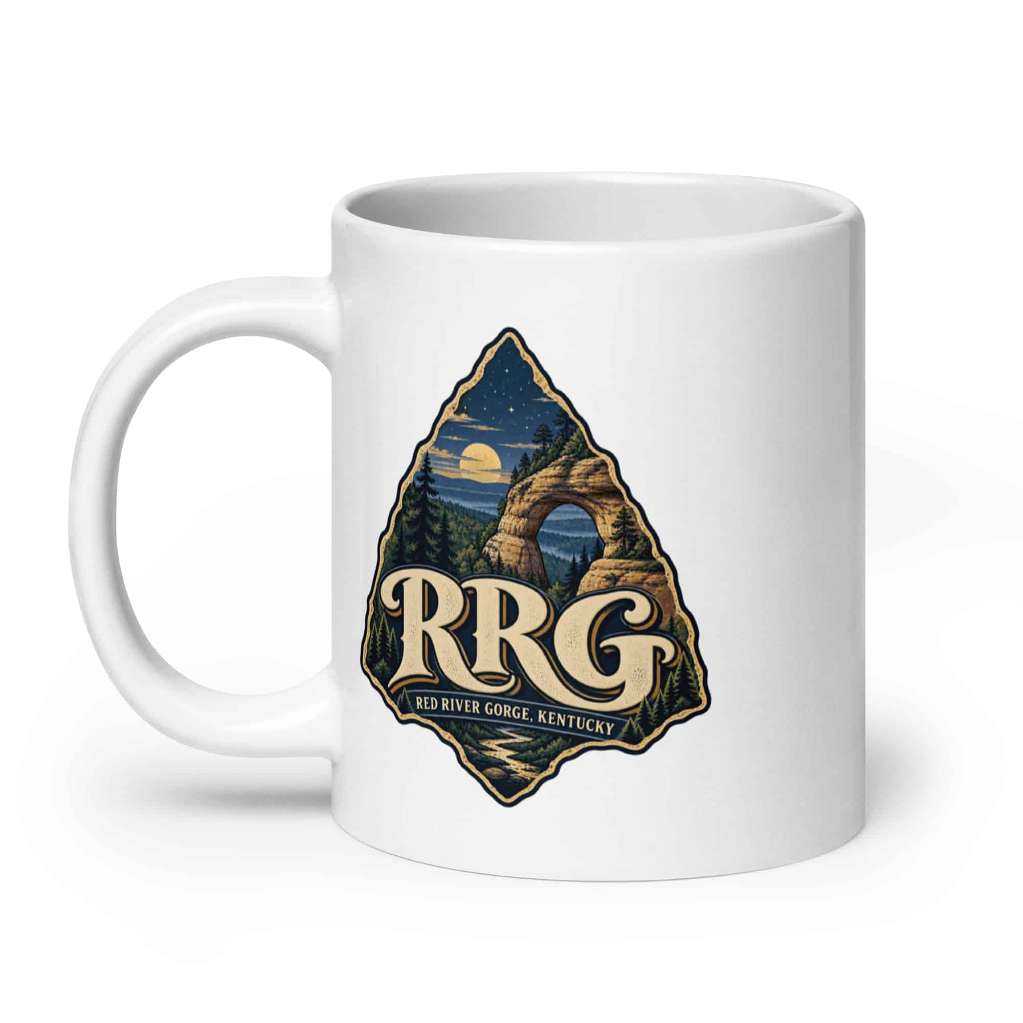 Red River Gorge White Ceramic Coffee Mug: RRG, Woodland Scenic Lettering