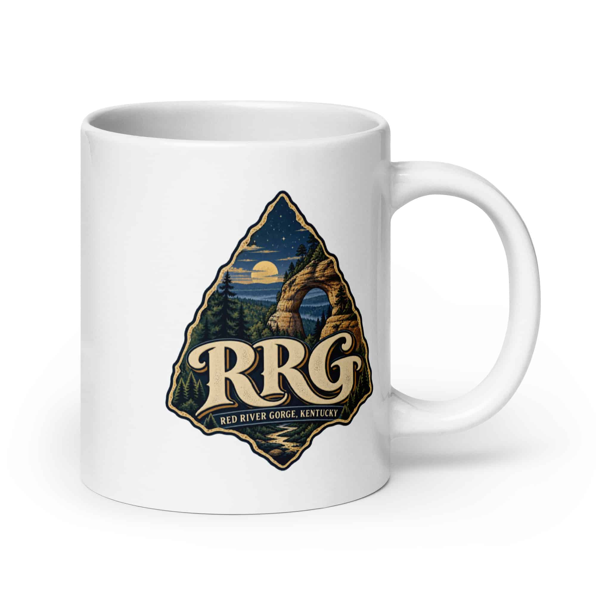 Red River Gorge White Ceramic Coffee Mug: RRG, Woodland Scenic Lettering