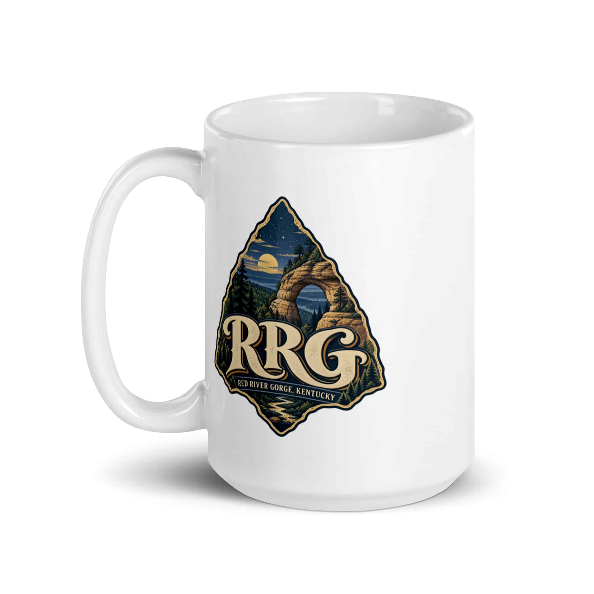 Red River Gorge White Ceramic Coffee Mug: RRG, Woodland Scenic Lettering